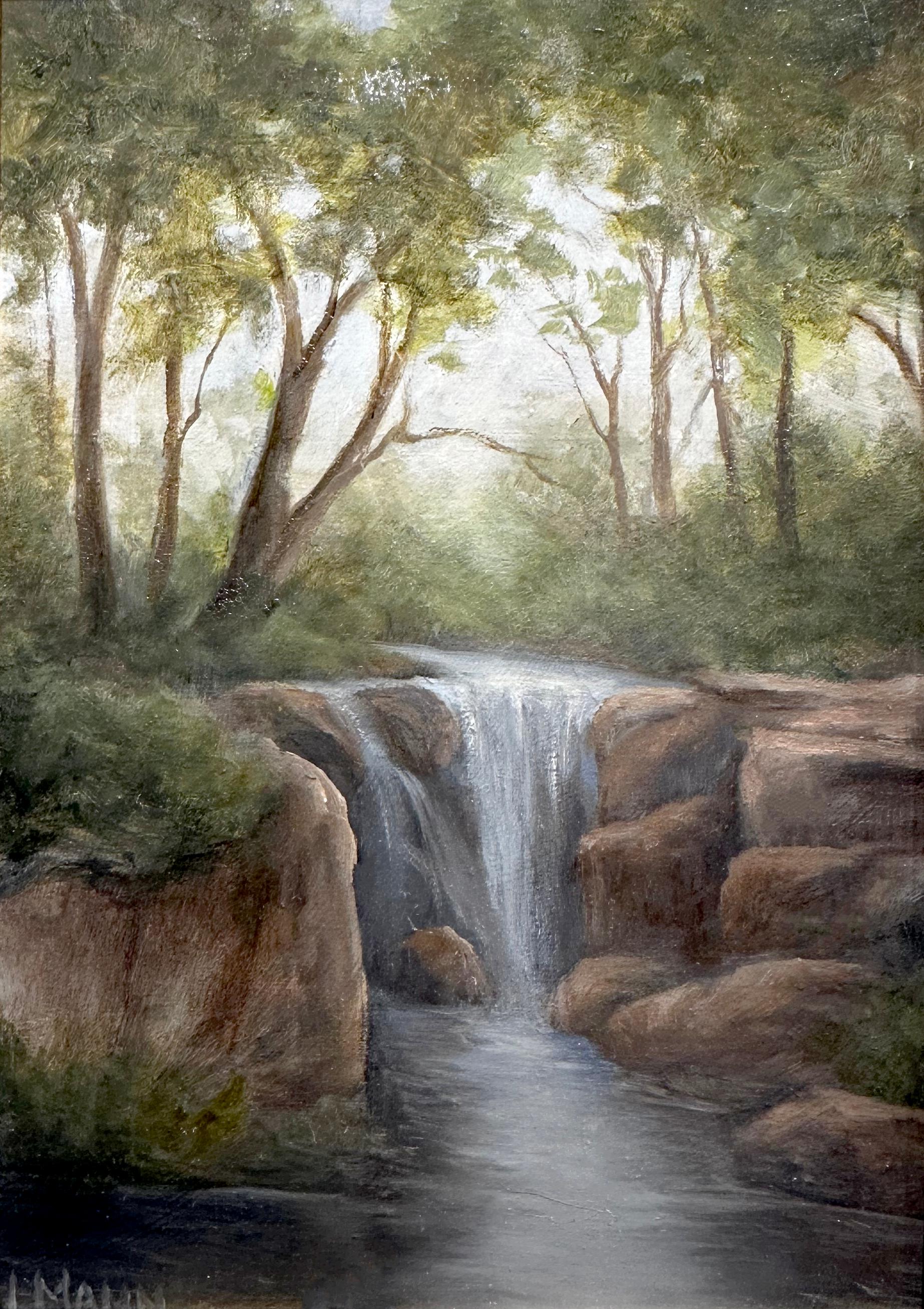 Highlighting the rural beauty and solitude of life in the farm country, Laura Mann's paintings have a timeless and atmospheric quality that call for reminiscence.  Her painting, "Swimming Hole", is a 7x5 oil painting on board featuring a woodland