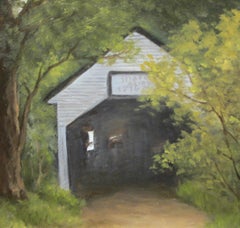 Laura Mann, "The Covered Bridge", 5x5 Rural Country Landscape Oil Painting