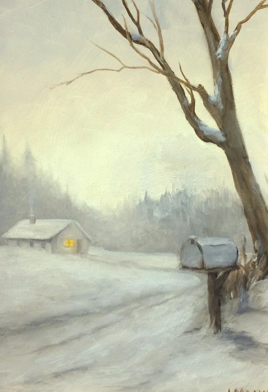 Highlighting the rural beauty and solitude of life in the farm country, Laura Mann's paintings have a timeless and atmospheric quality that call for reminiscence.  Her painting, "The Road Home", is a 7x5 oil painting on board featuring a snowy