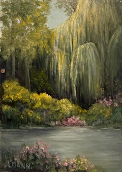 Laura Mann, "Weeping Willow", 7x5 Green Tree Summer Landscape Oil Painting