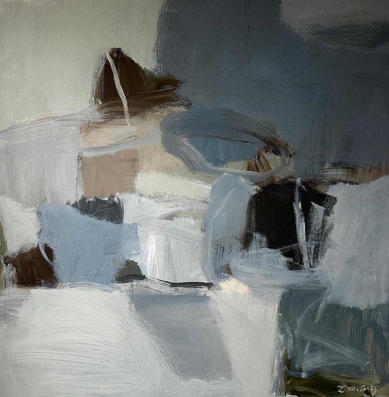 Uova di aprile di Laura McCarty, grande tela astratta contemporanea con cornice blu