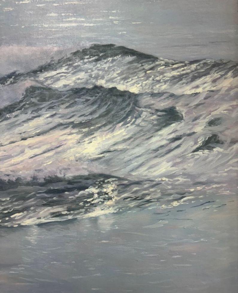 The soft light transforms the heavenly sand, sea and sky into a precious silver summer, sparkling and glowing.  The waves are independent as they break both out to sea and in the shallows where they find the slippery rock formations. The striped