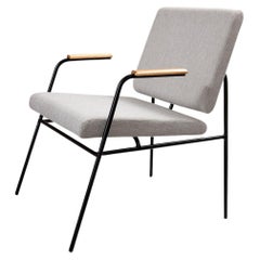 "Laura" Minimalist Armchair in Painted Steel with Wooden Arms
