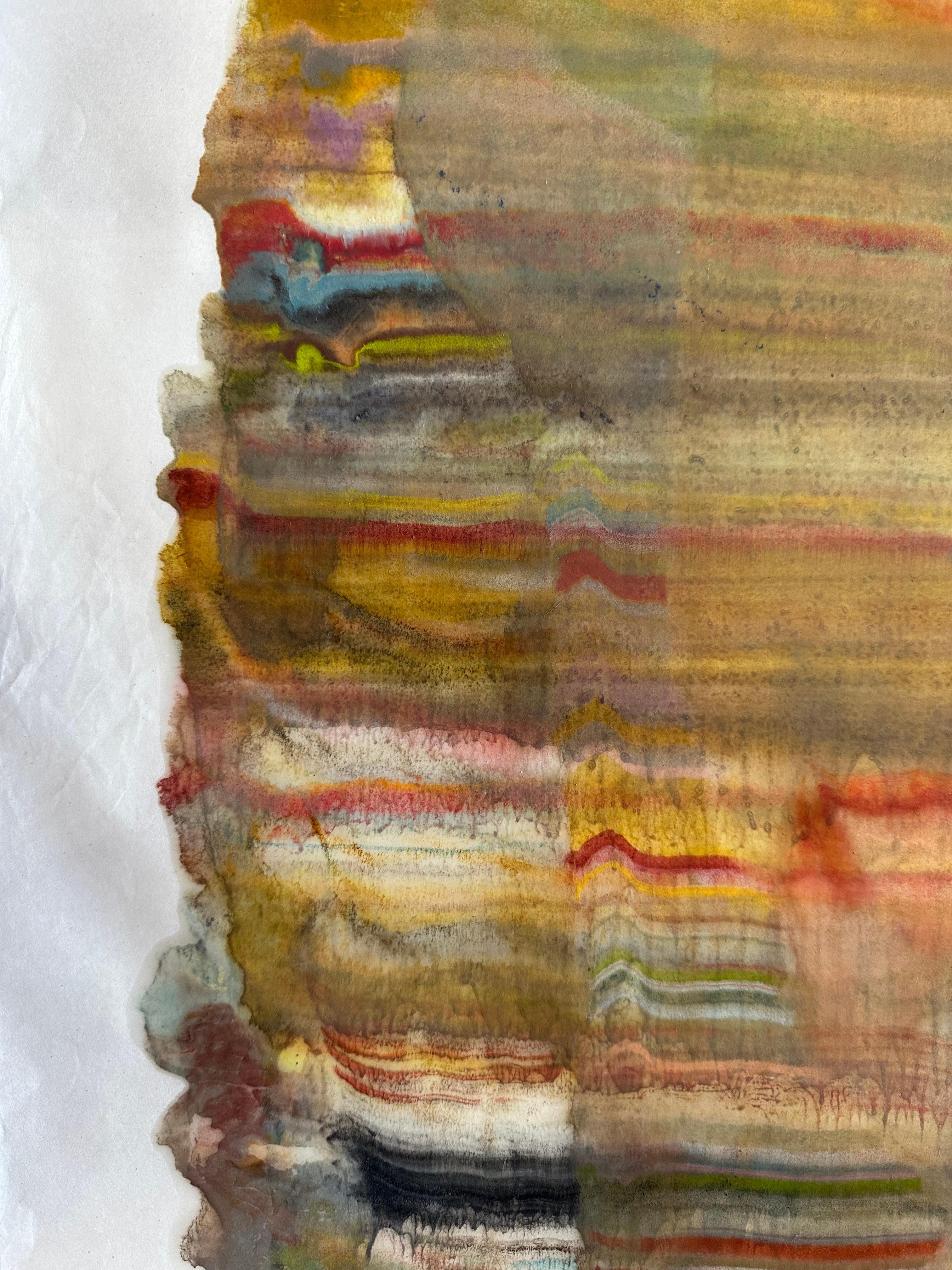 A large abstract encaustic (pigmented beeswax) monotype on mulberry paper, bands of vibrant colors in bright teal blue, umber brown, orange, yellow, ochre and violet purple. The colors are vibrant and saturated on the surface of the lightweight