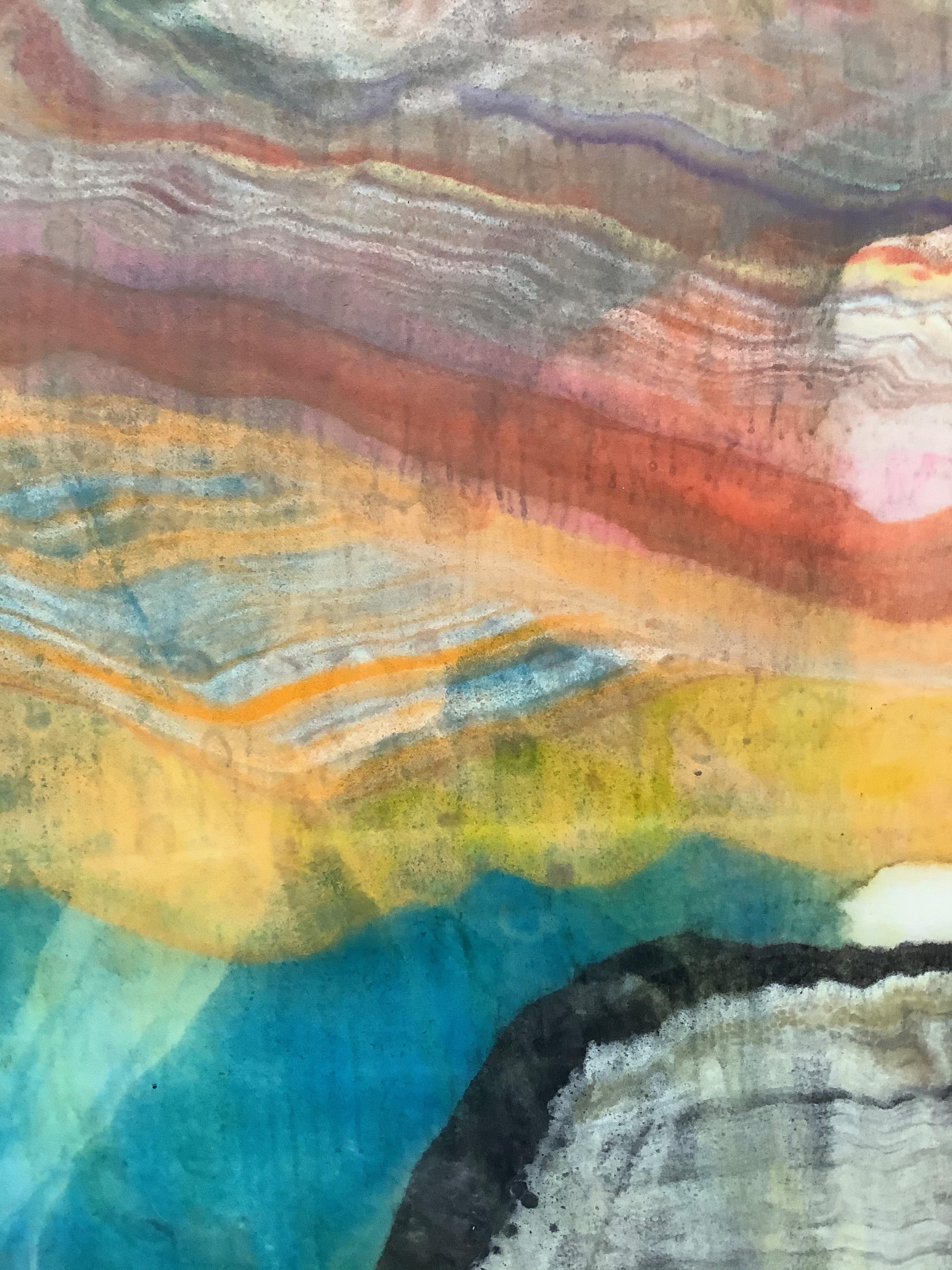 A Sign of Time Two is a multicolored encaustic monotype on paper. Layers of pigmented beeswax on lightweight Japanese kozo paper create an undulating composition suggesting layers of the earth's crust and geological formations depicted in bright
