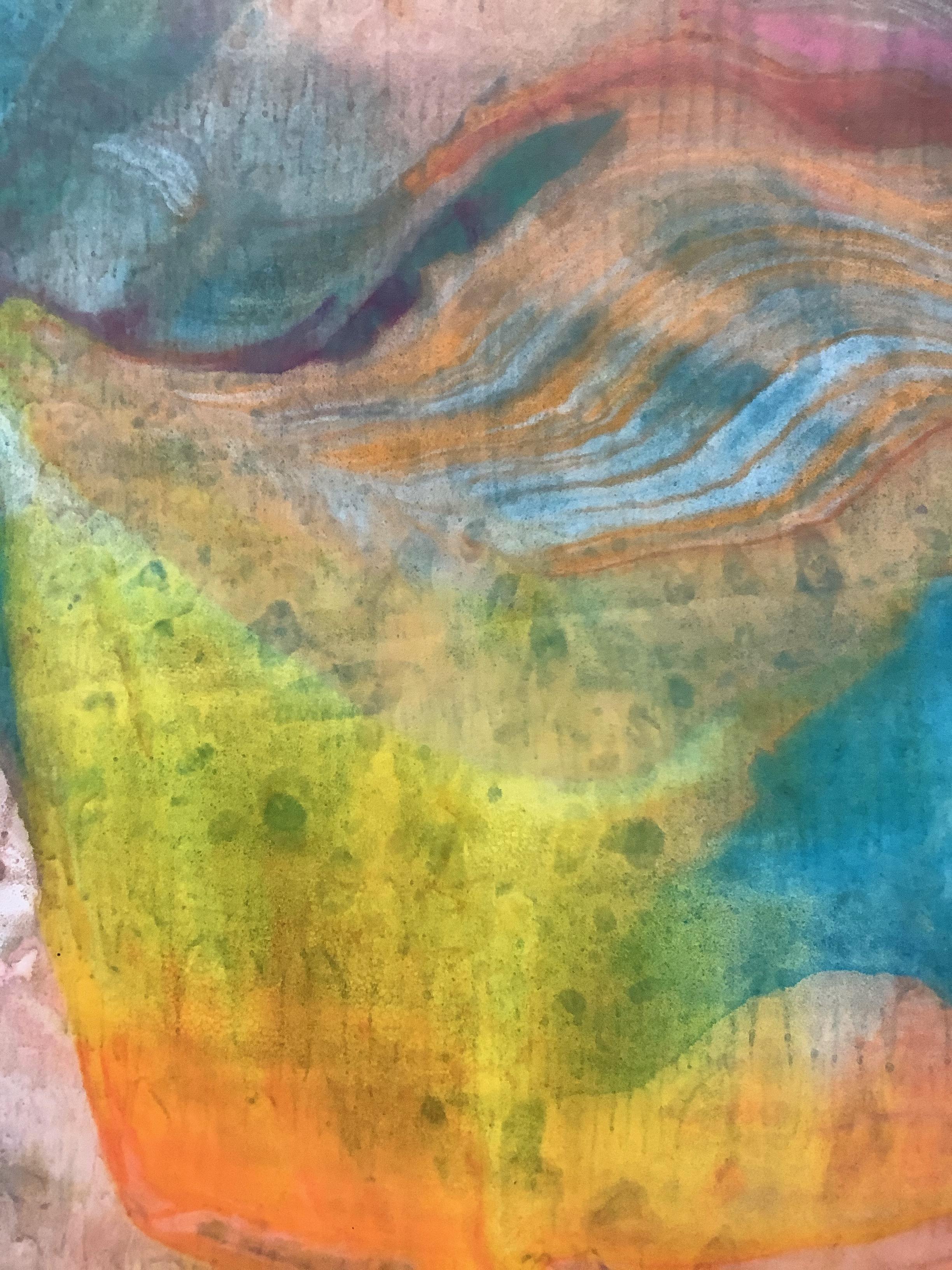 A Sign of Time Two, Encaustic Monotype in Bright Orange, Brown, Blue and Yellow 1
