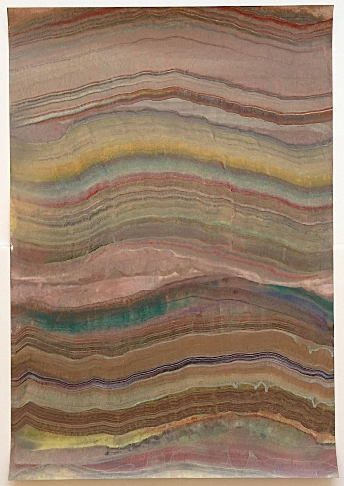 Laura Moriarty Abstract Print - Agates 11, Earthy Brown, Emerald Green, Yellow, Beige Encaustic Monotype
