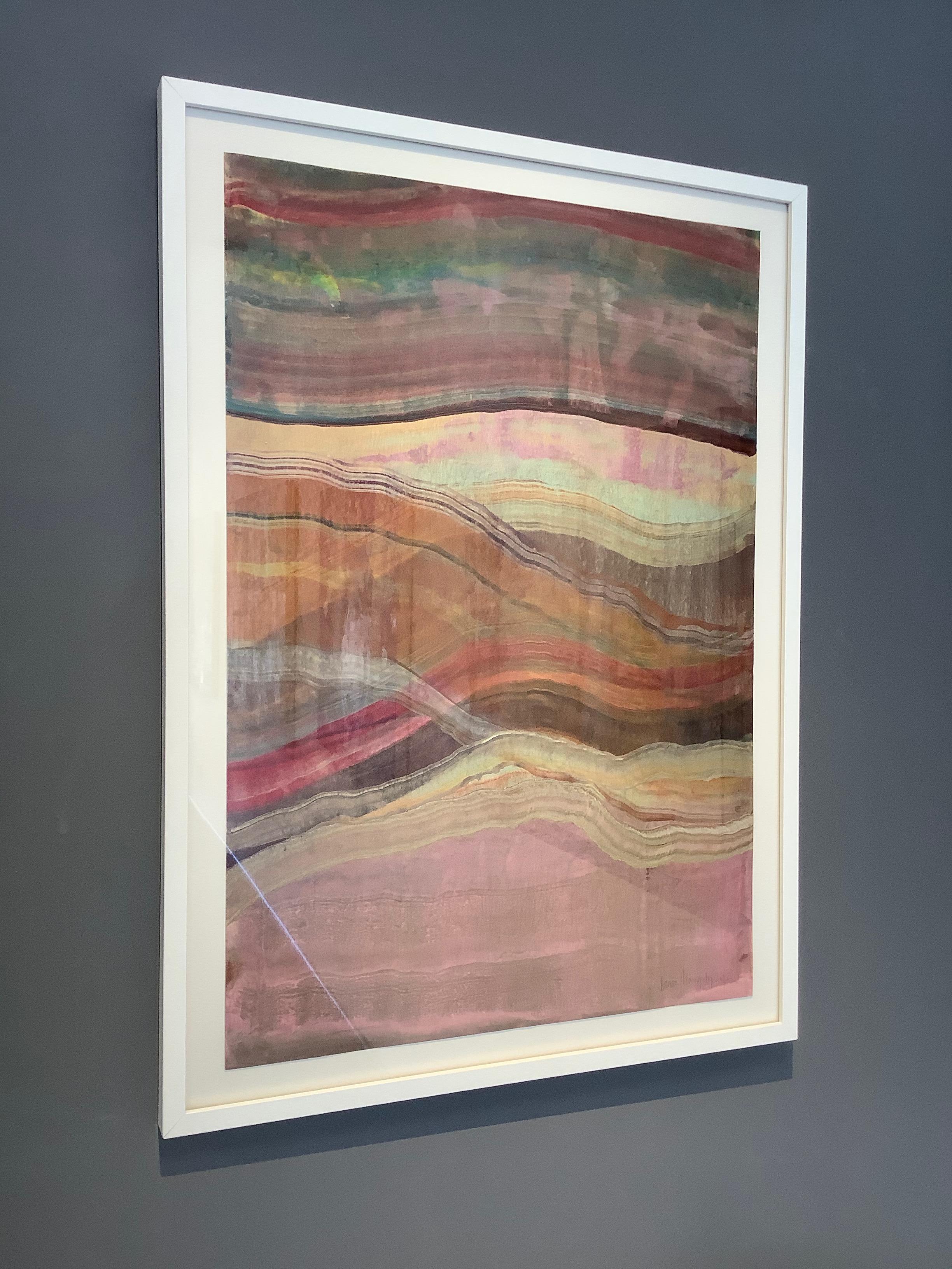 Agates Four, Pink, Orange, Teal Blue, Brown, Yellow Encaustic Monotype - Print by Laura Moriarty