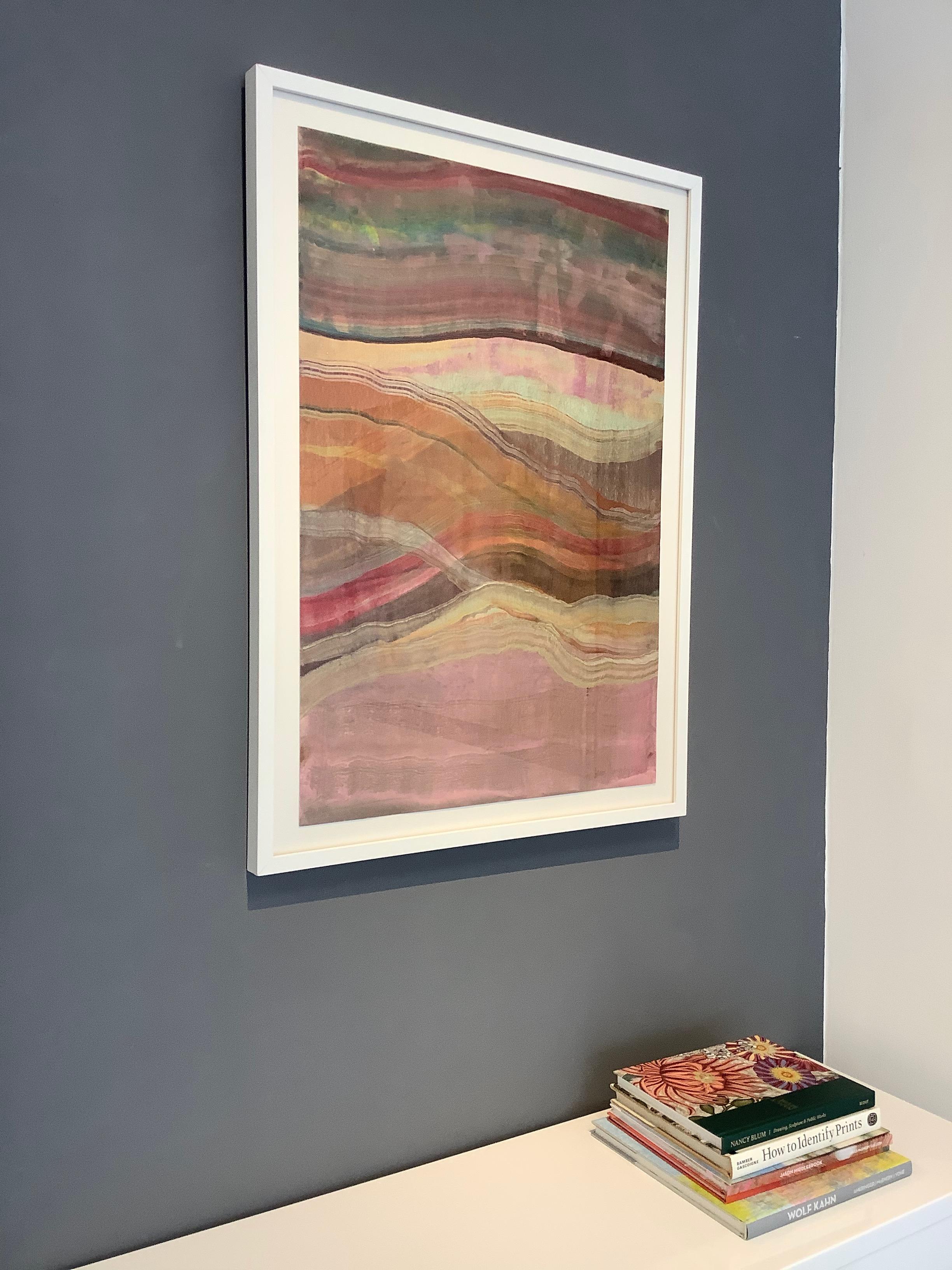 Agates Four, Pink, Orange, Teal Blue, Brown, Yellow Encaustic Monotype - Contemporary Print by Laura Moriarty