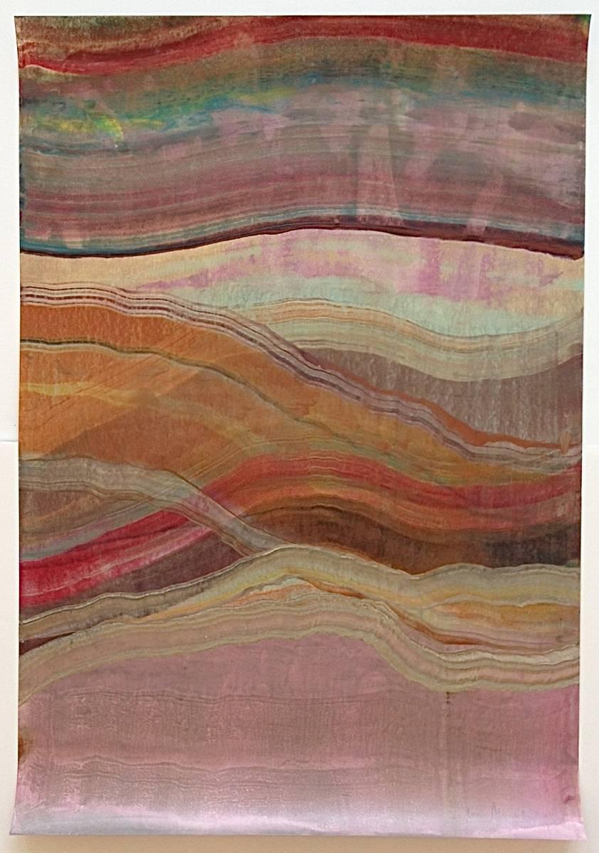 Laura Moriarty Abstract Print - Agates Four, Pink, Orange, Teal Blue, Brown, Yellow Encaustic Monotype