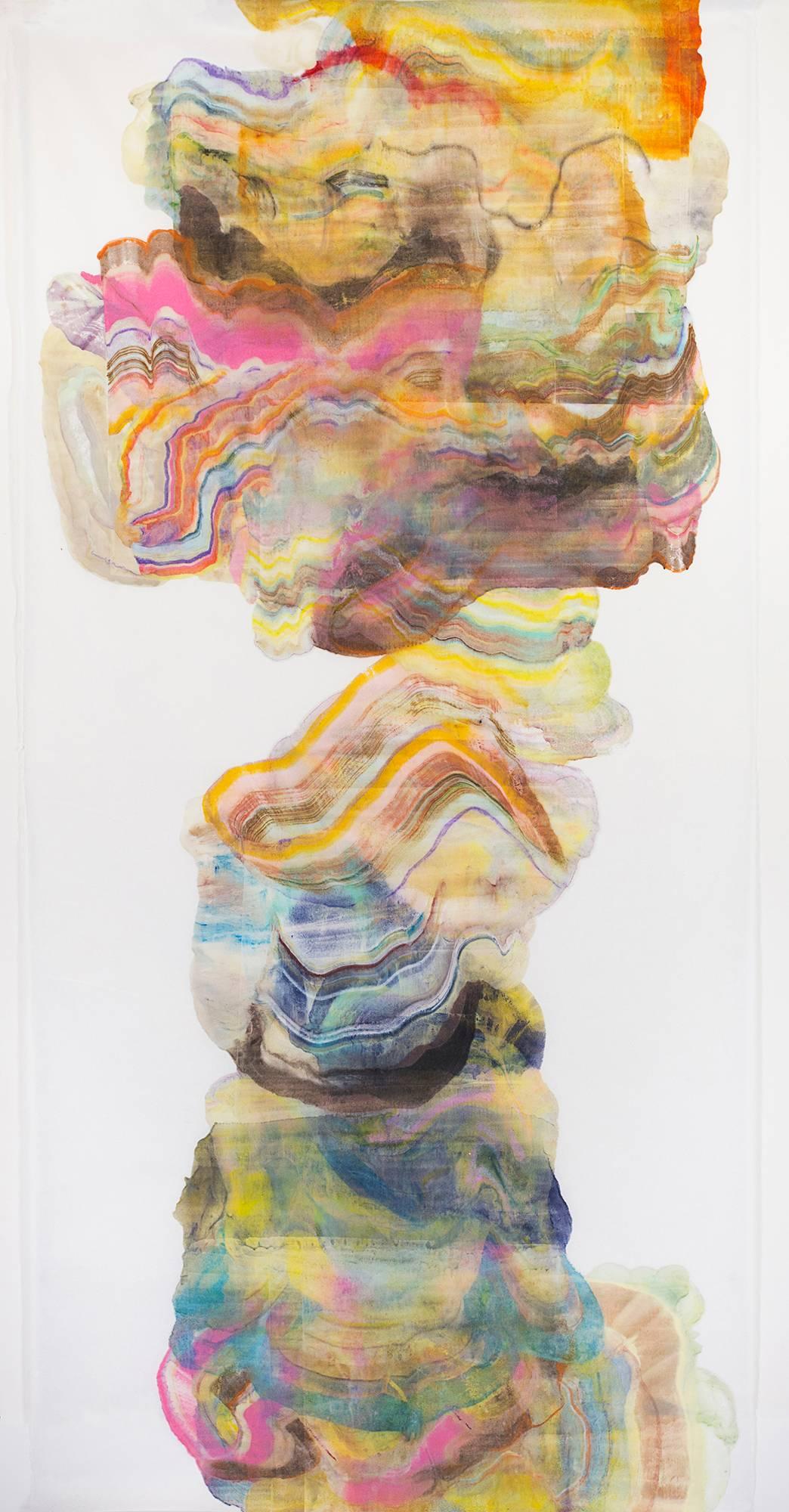Laura Moriarty Abstract Print - Ash Plume Two, Large Vertical Pink, Brown and Yellow Abstract Monotype on Paper