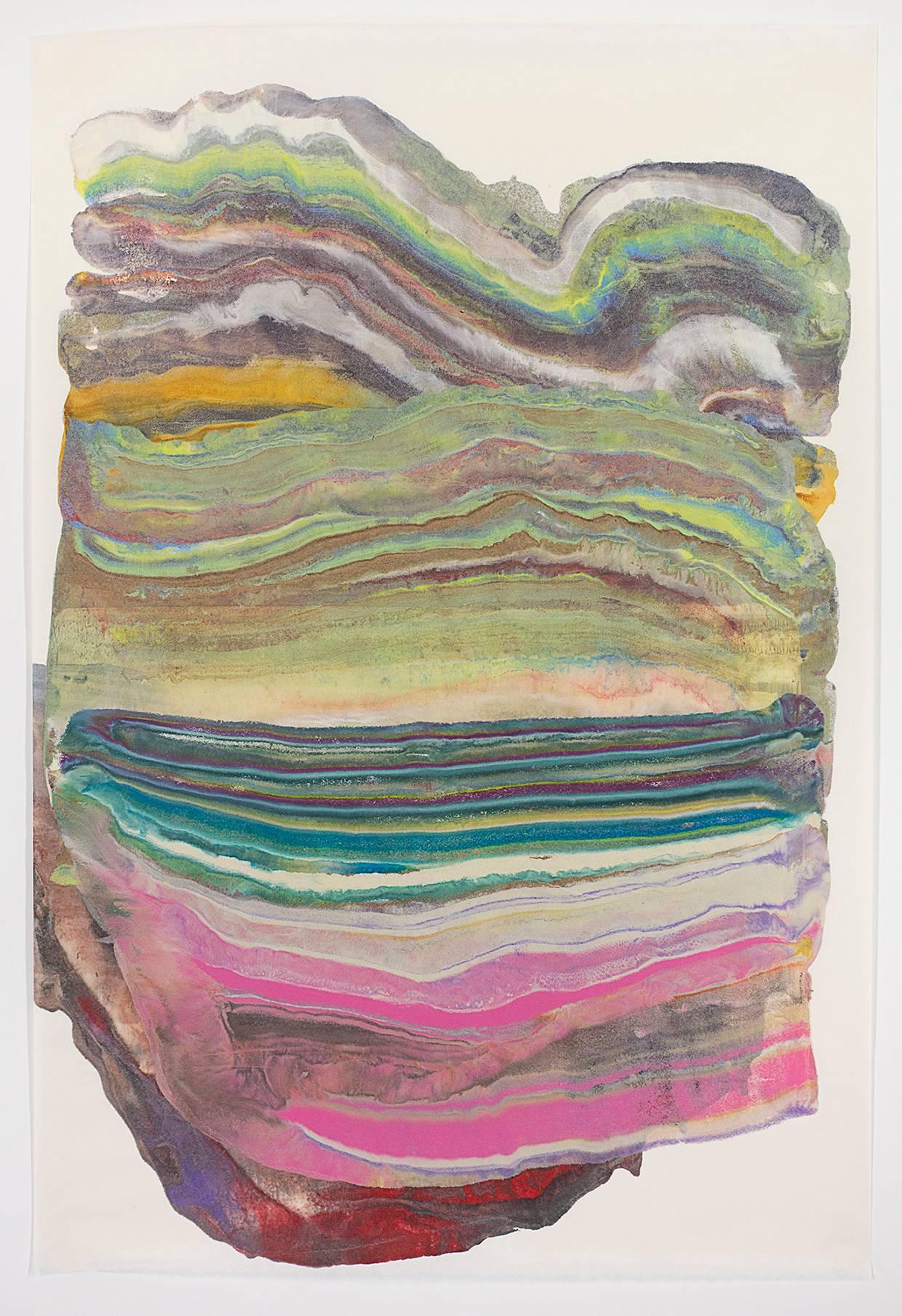 Laura Moriarty Abstract Print - Belly Laugh, Medium Abstract Colorful Green Blue Pink Multicolored Encaustic 