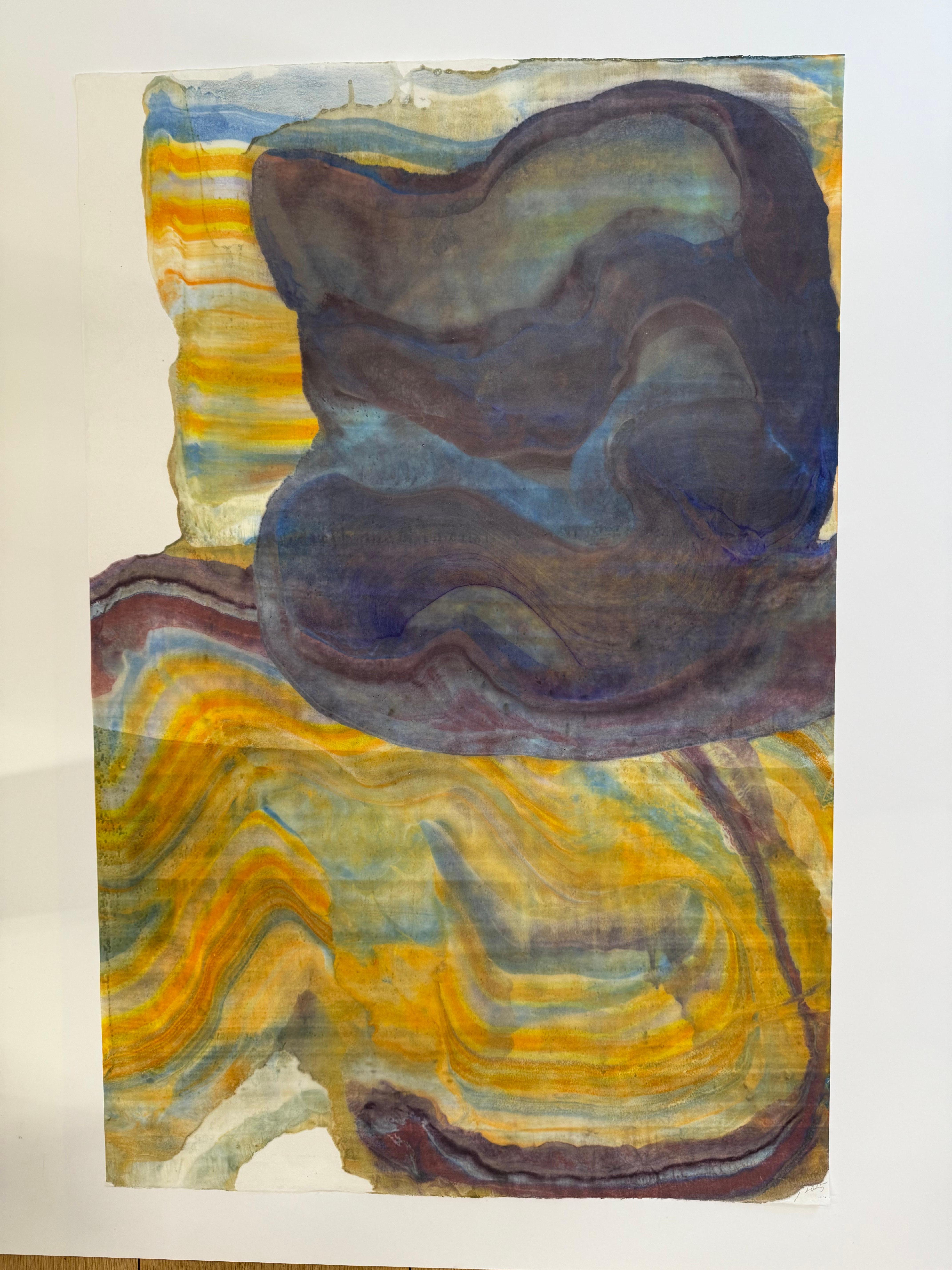 Brooding - Geologia astratta contemporanea Monotipo a encausto Giallo Viola, 2025 - Print di Laura Moriarty