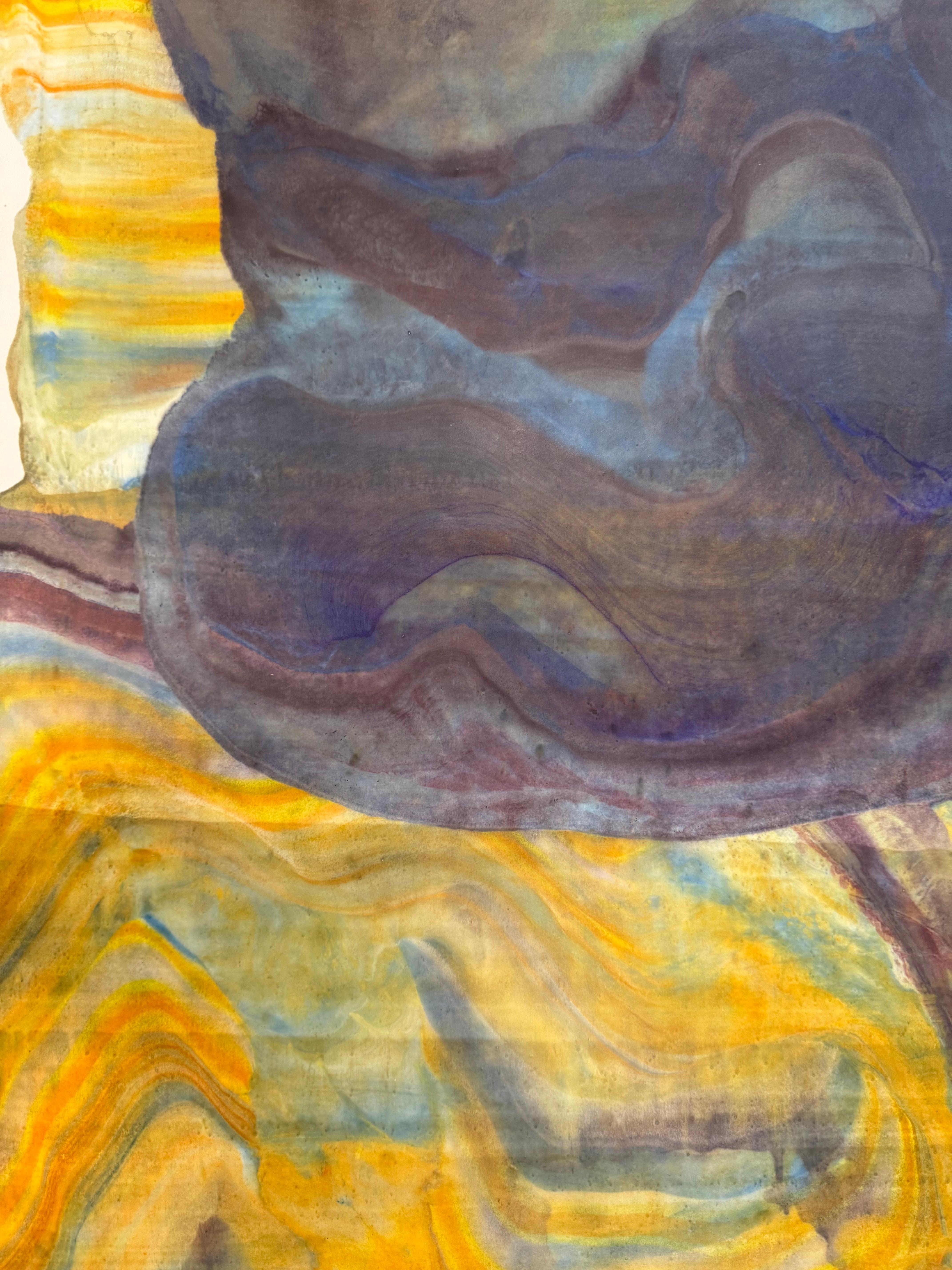 Brooding - Geologia astratta contemporanea Monotipo a encausto Giallo Viola, 2025 - Print Contemporaneo di Laura Moriarty