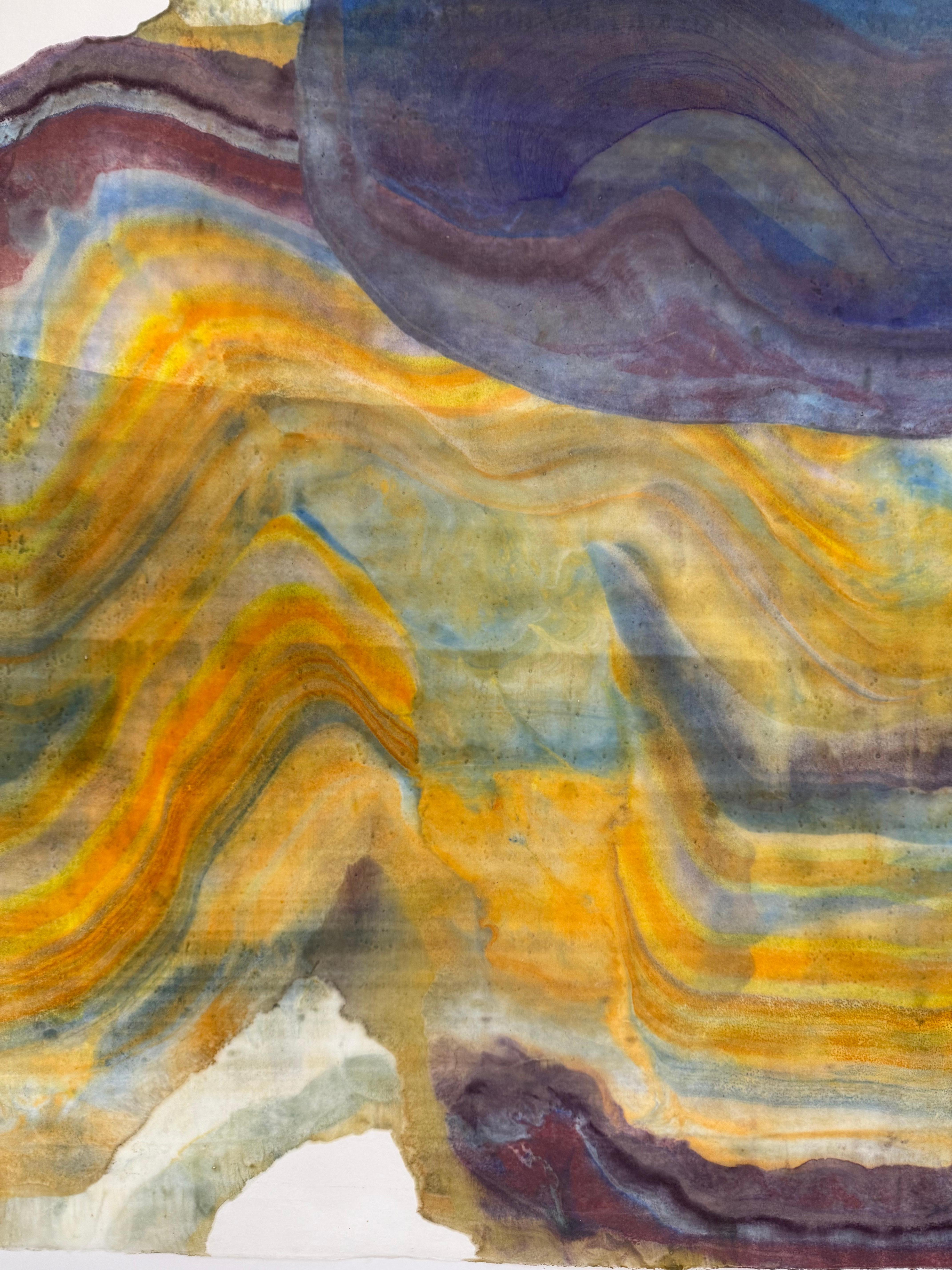 Brooding - Geologia astratta contemporanea Monotipo a encausto Giallo Viola, 2025 - Abstract Print Marrone di Laura Moriarty