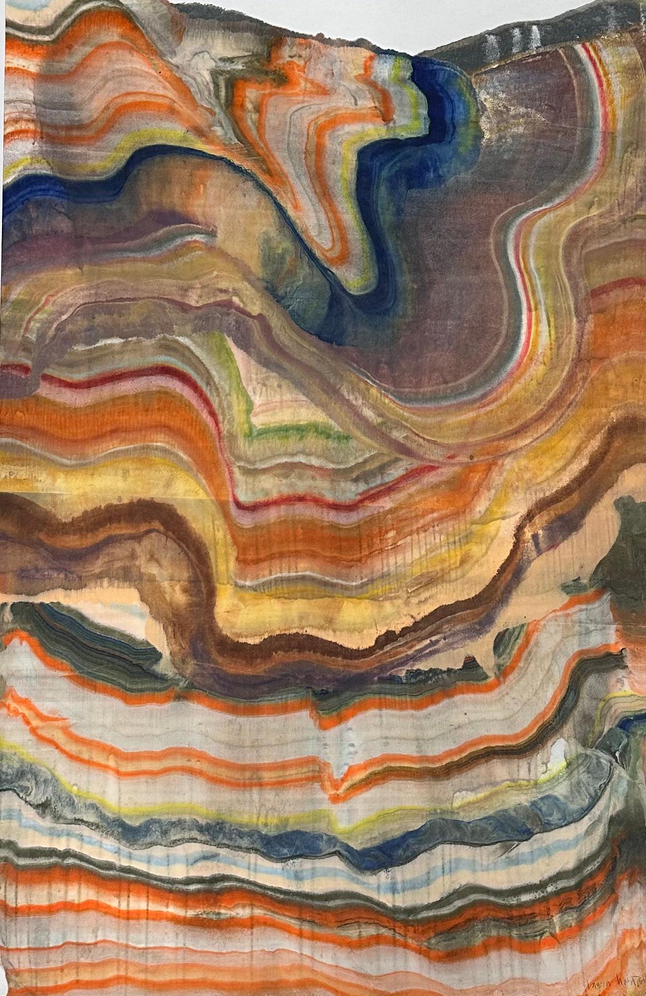 Die Eroberung der Wasserfälle - Zeitgenössische abstrakte Geologie Enkaustik-Monotypie, 2024 (Braun), Abstract Print, von Laura Moriarty