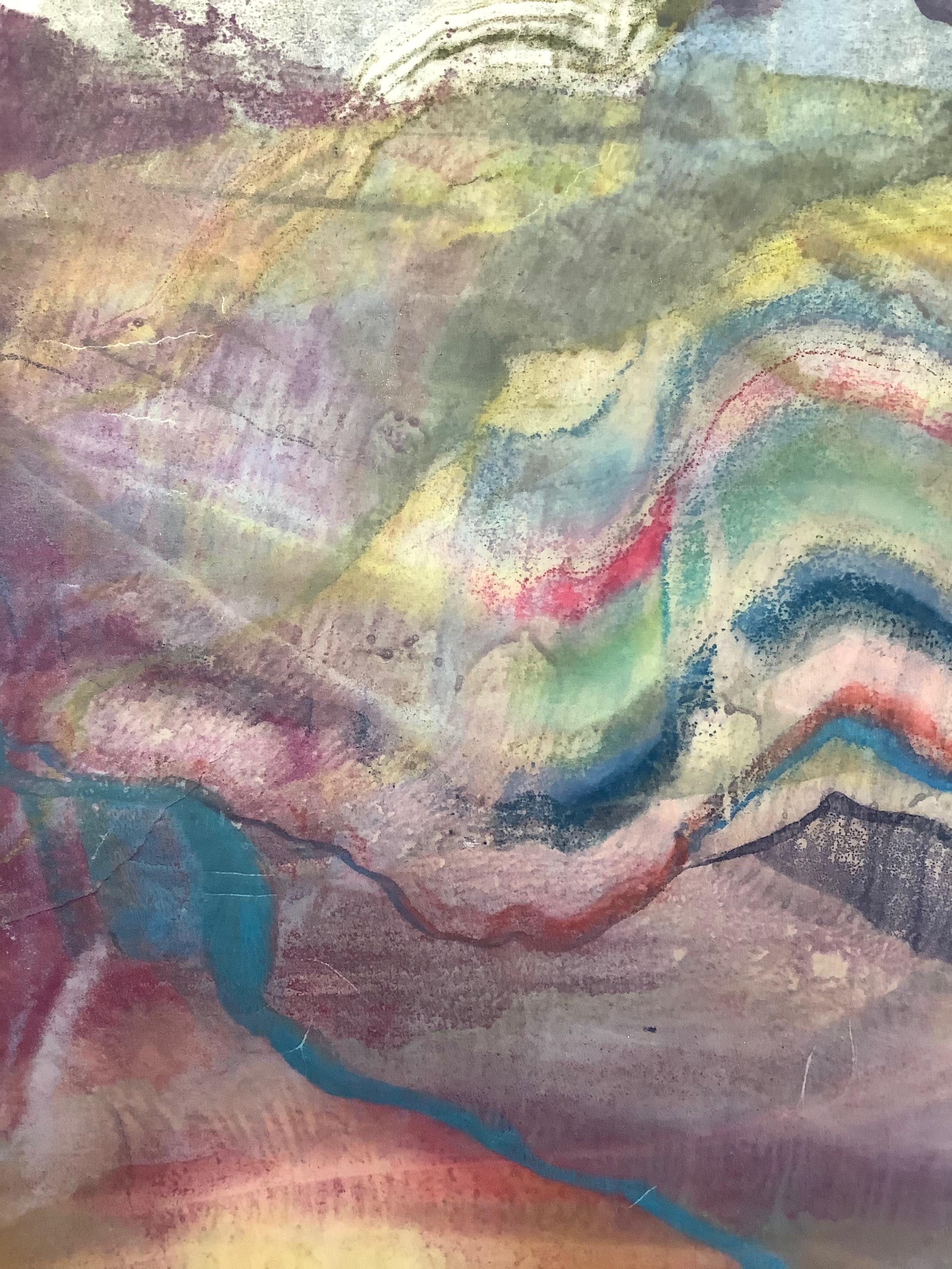 Conquering the Stars is an abstract, multicolored encaustic monotype on paper. Layers of pigmented beeswax on lightweight Japanese kawashi paper create an undulating composition in bright shades of blue and yellow, and deep red and purple with brown