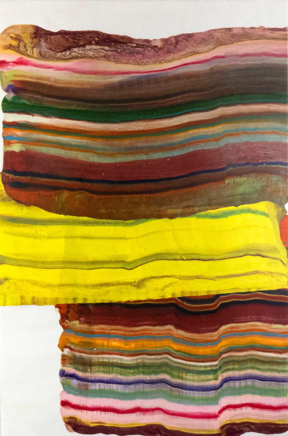 Laura Moriarty Abstract Print - Ex Uno Plures Eight, Bright Neon Yellow, Brown, Magenta, Pink Encaustic Monotype