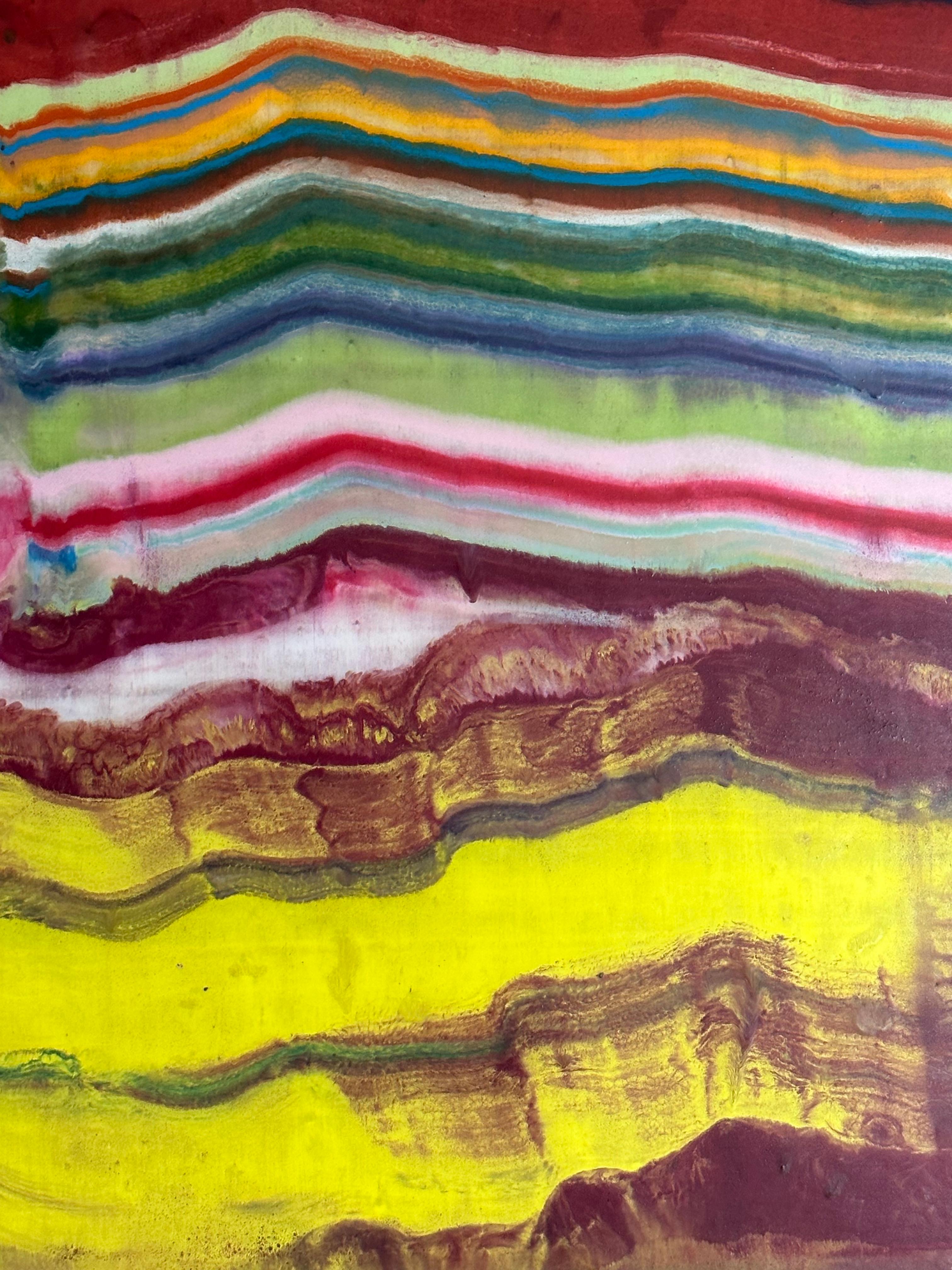Ex Uno Plures Seven, Bright Neon Yellow, Brown, Magenta, Pink Encaustic Monotype - Contemporary Print by Laura Moriarty
