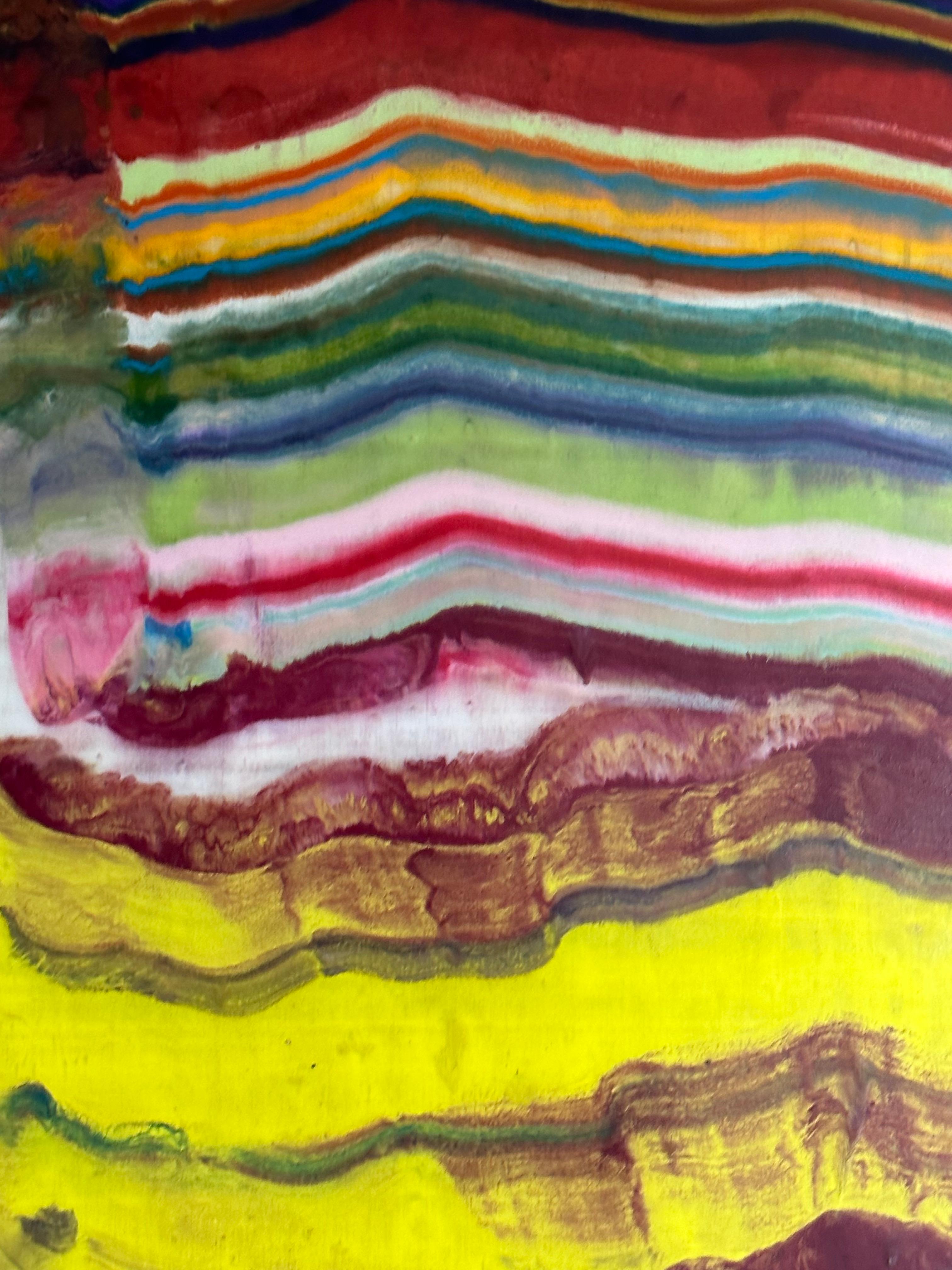 Laura Moriarty's Ex Uno Plures 7 is a multicolored encaustic monotype on kozo paper. Layers of pigmented beeswax on lightweight paper create an undulating composition suggesting layers of the earth's crust and geological formations depicted in pink,