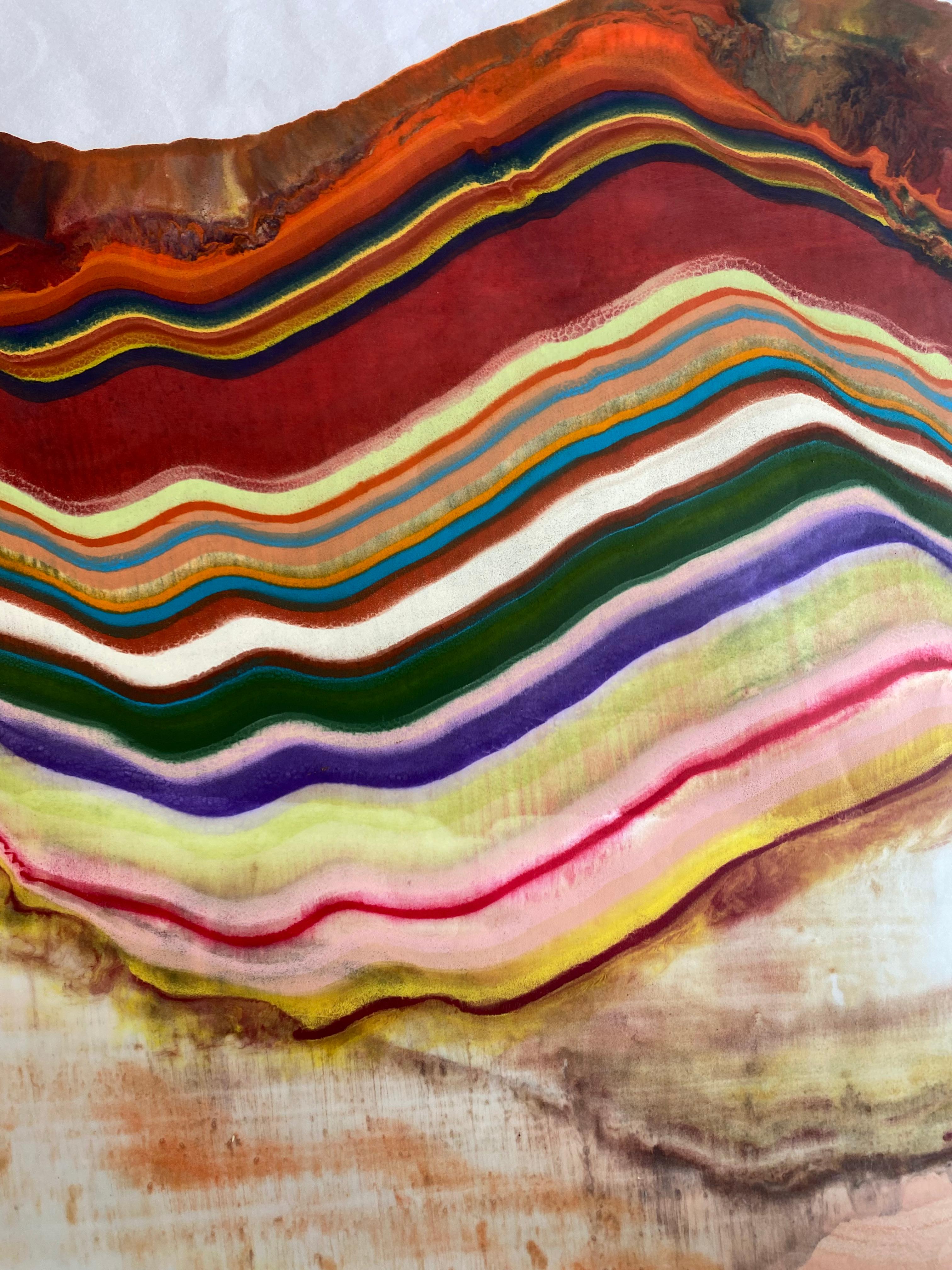 Ex Uno Plures 13 de Laura Moriarty est un monotype encaustique multicolore sur papier kozo. Des couches de cire d'abeille pigmentée sur du papier léger créent une composition ondulante suggérant des couches de la croûte terrestre et des formations