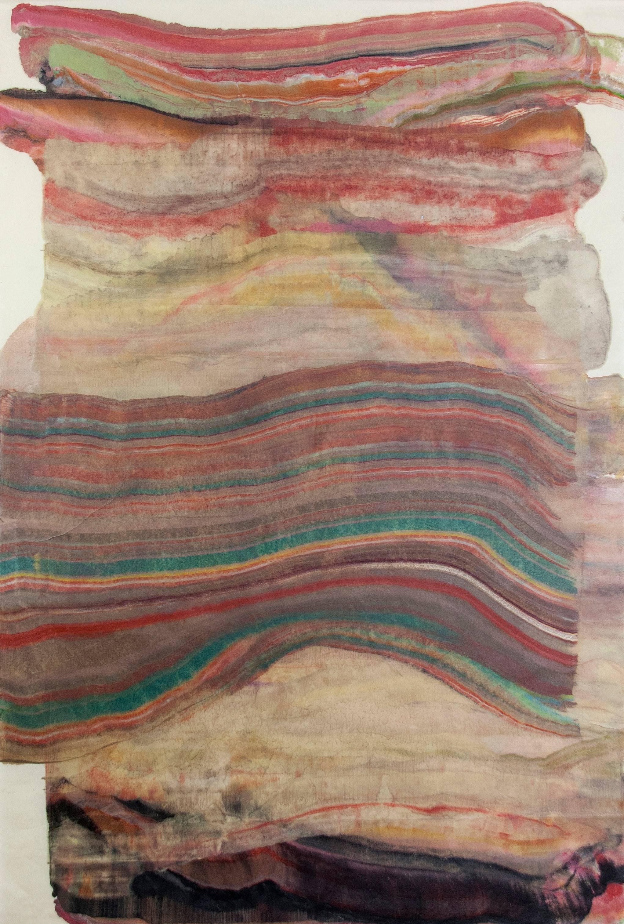 Laura Moriarty Abstract Print – Stiftung 12 - Geologische Enkaustik Monotypie Burgundy Red Beige Green, 2017
