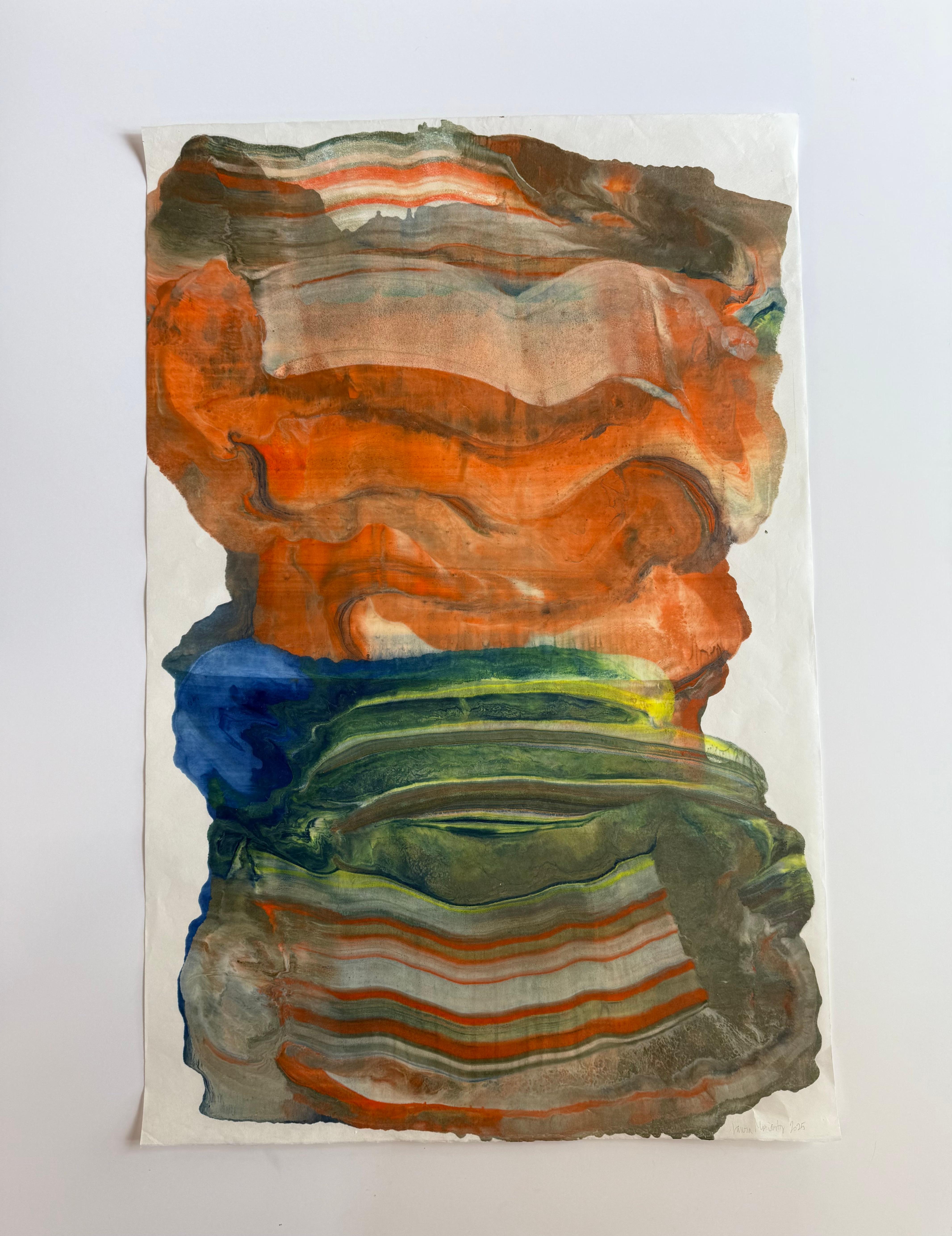 Lightheaded - Zeitgenössische abstrakte Geologie Enkaustik-Monotypie Orange, 2025 – Print von Laura Moriarty