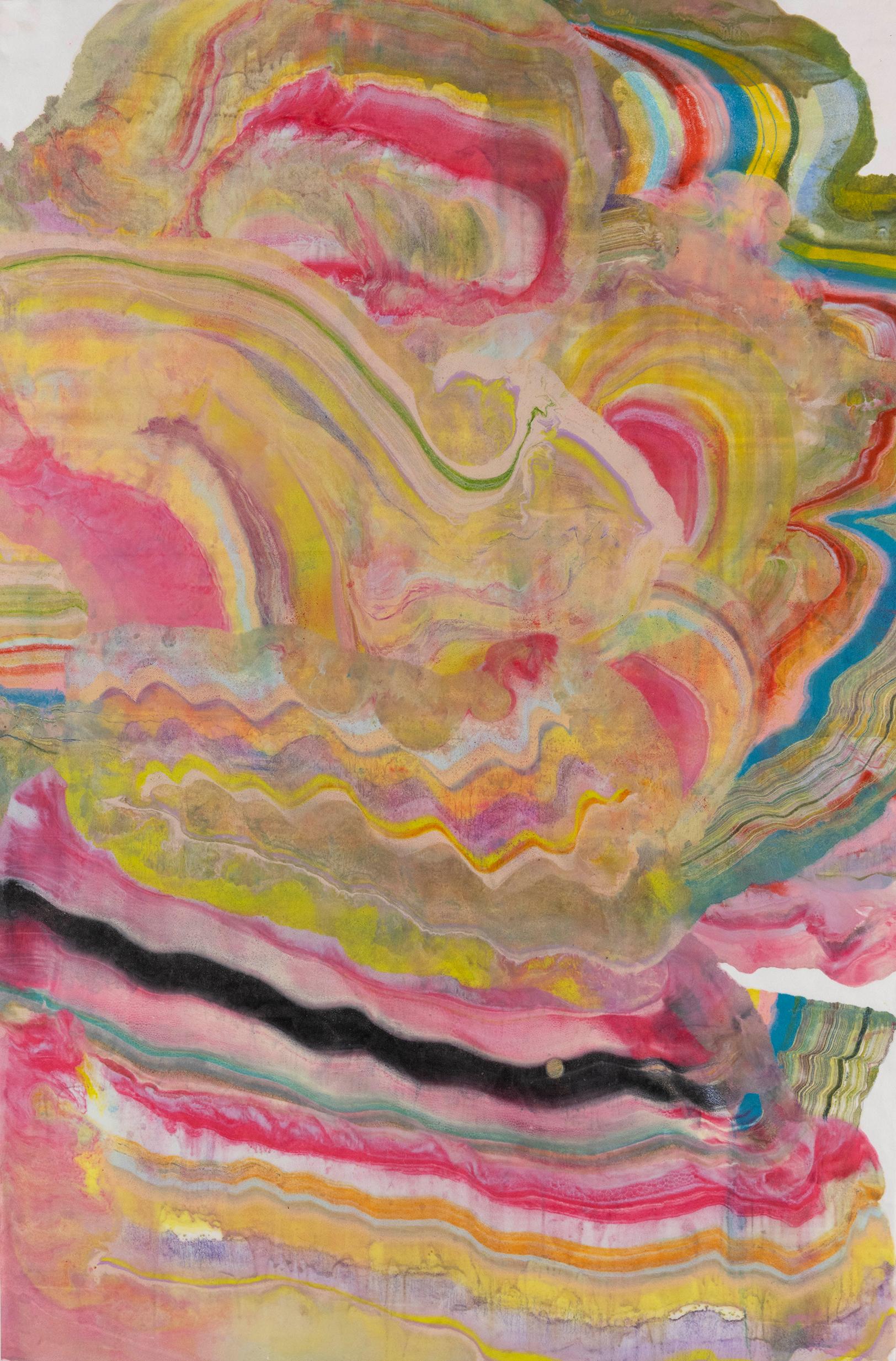 Moonglow - Contemporary Abstract Geology Encaustic Monotype Pink Yellow, 2025