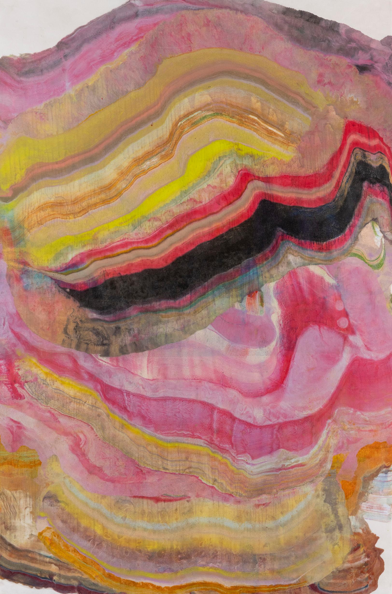 Morgen eines neuen Tages - Abstrakte Geologie Enkaustik Monotypie Rosa Gelb, 2025