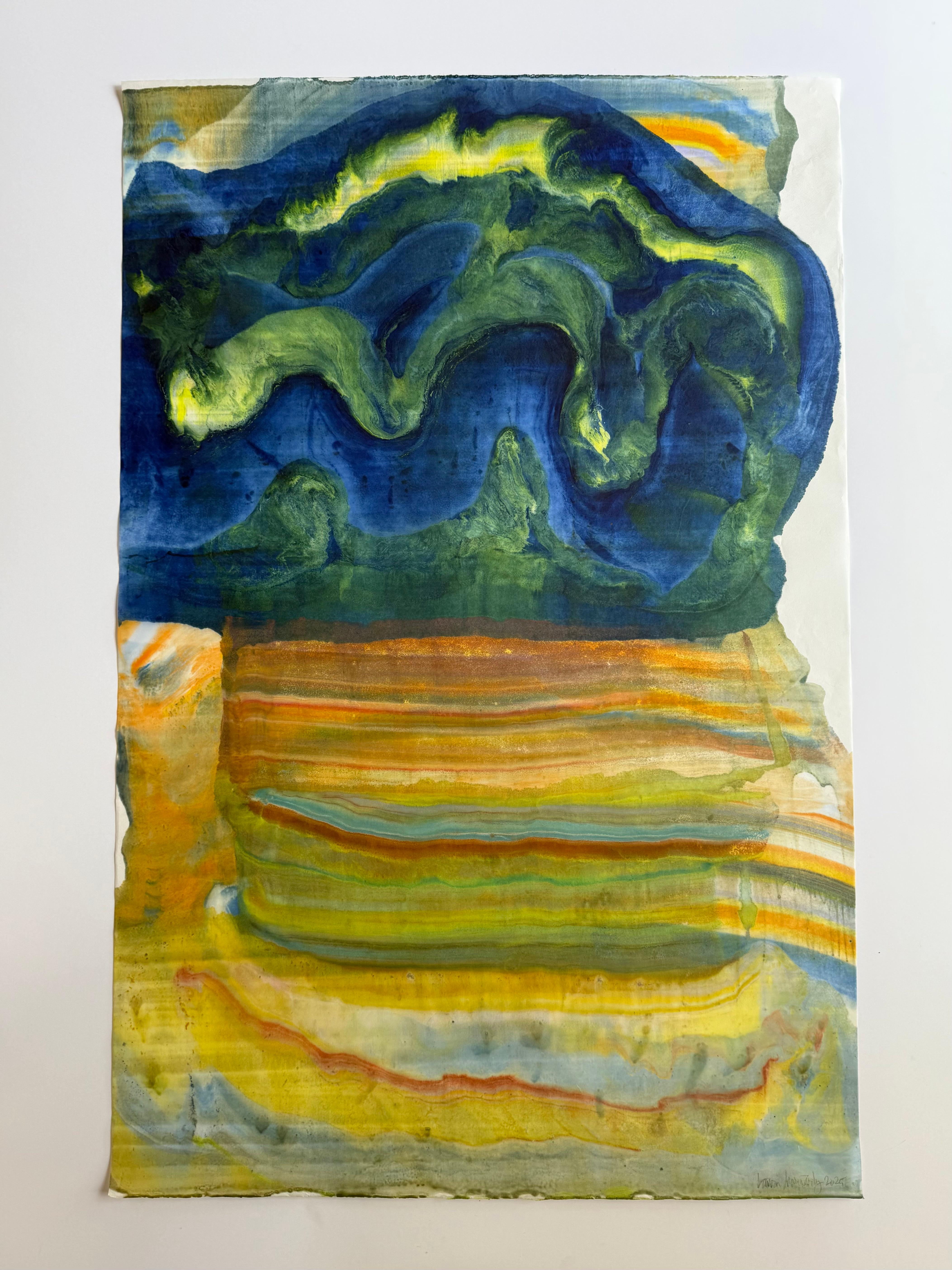 Empujar y tirar - Monotipo encáustico de geología abstracta contemporánea Azul, 2025 - Print de Laura Moriarty