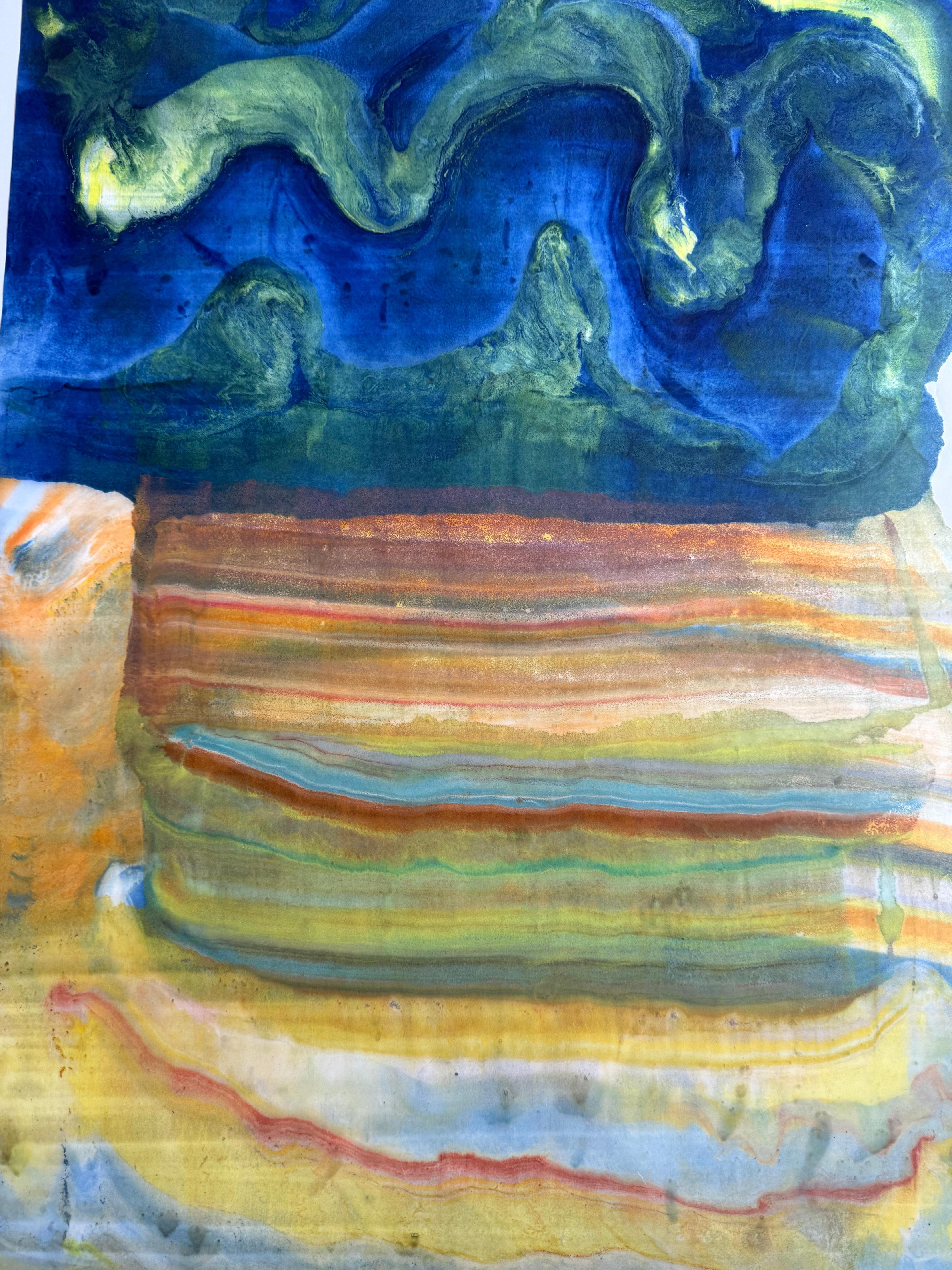 Empujar y tirar - Monotipo encáustico de geología abstracta contemporánea Azul, 2025 - Abstract Print Gris de Laura Moriarty
