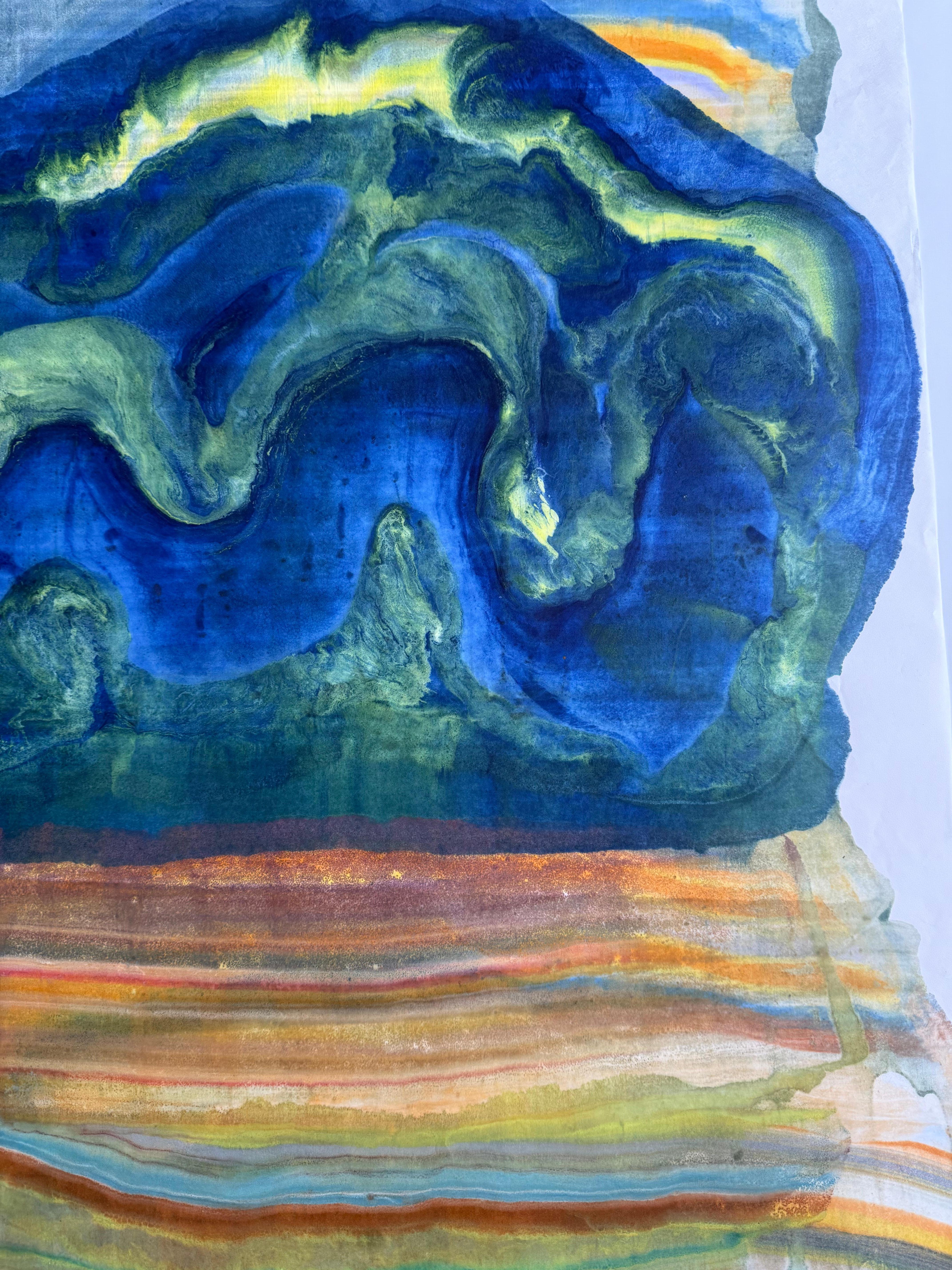 Empujar y tirar - Monotipo encáustico de geología abstracta contemporánea Azul, 2025 en venta 1