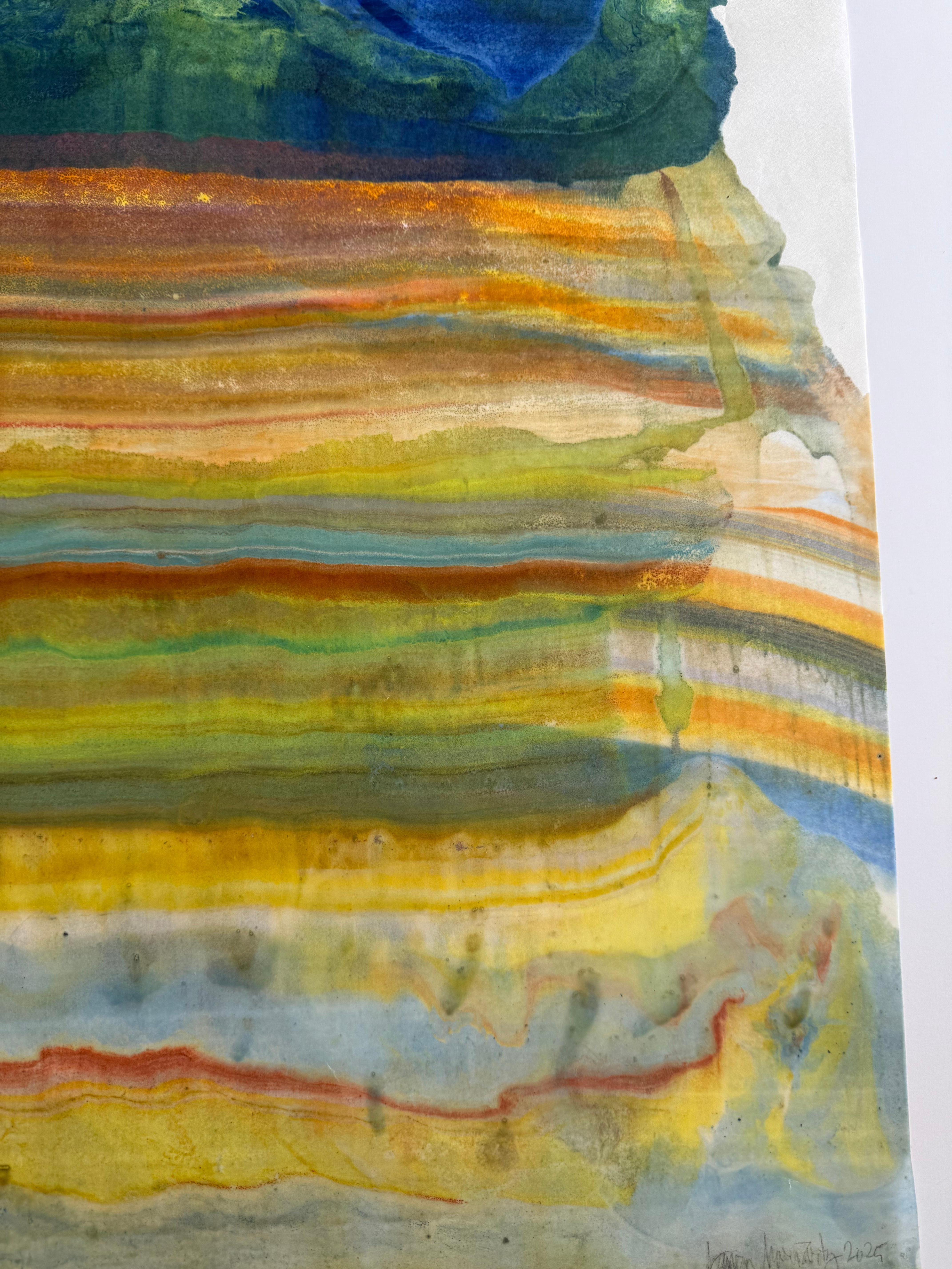 Empujar y tirar - Monotipo encáustico de geología abstracta contemporánea Azul, 2025 en venta 3