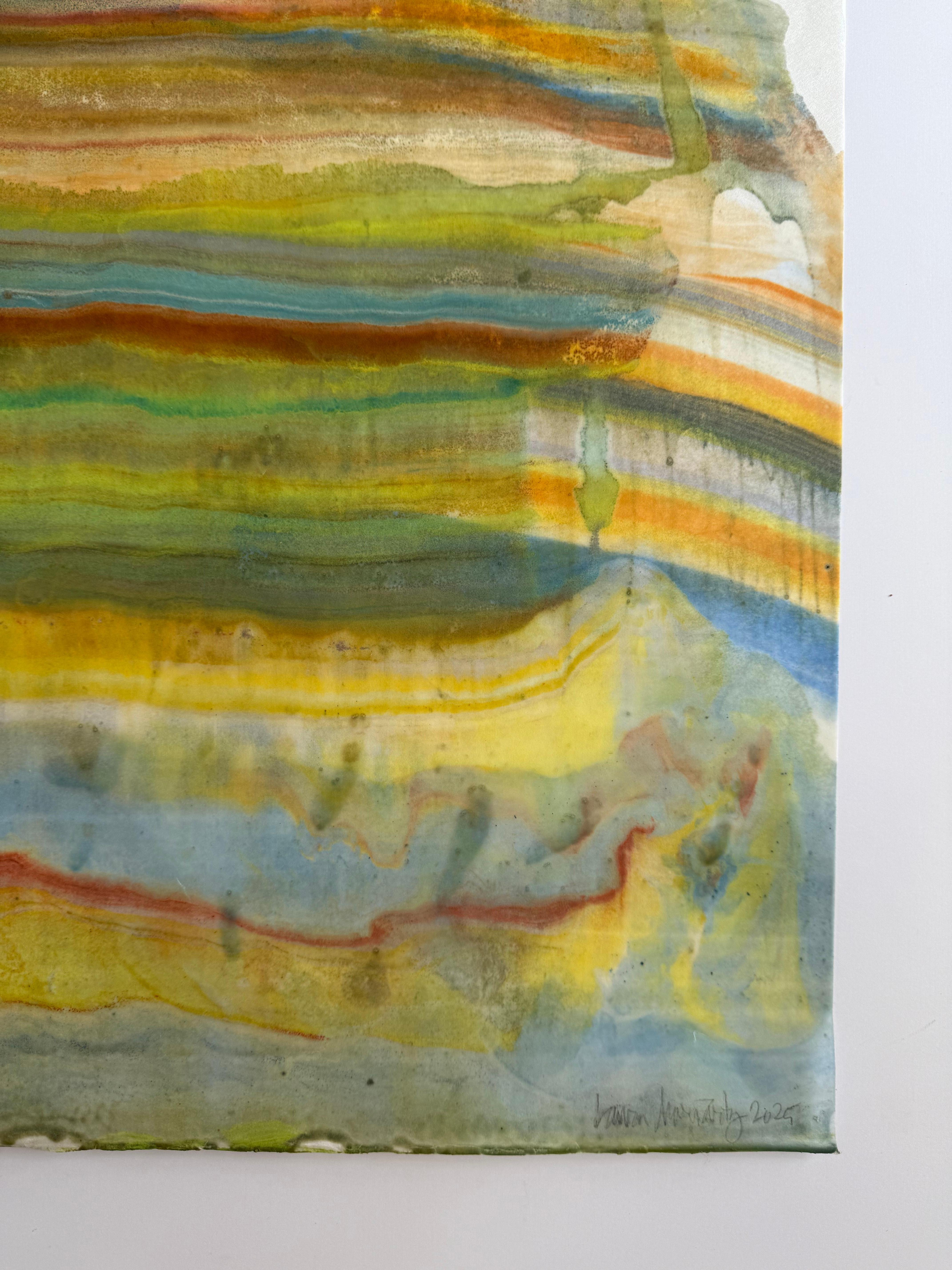 Empujar y tirar - Monotipo encáustico de geología abstracta contemporánea Azul, 2025 en venta 4