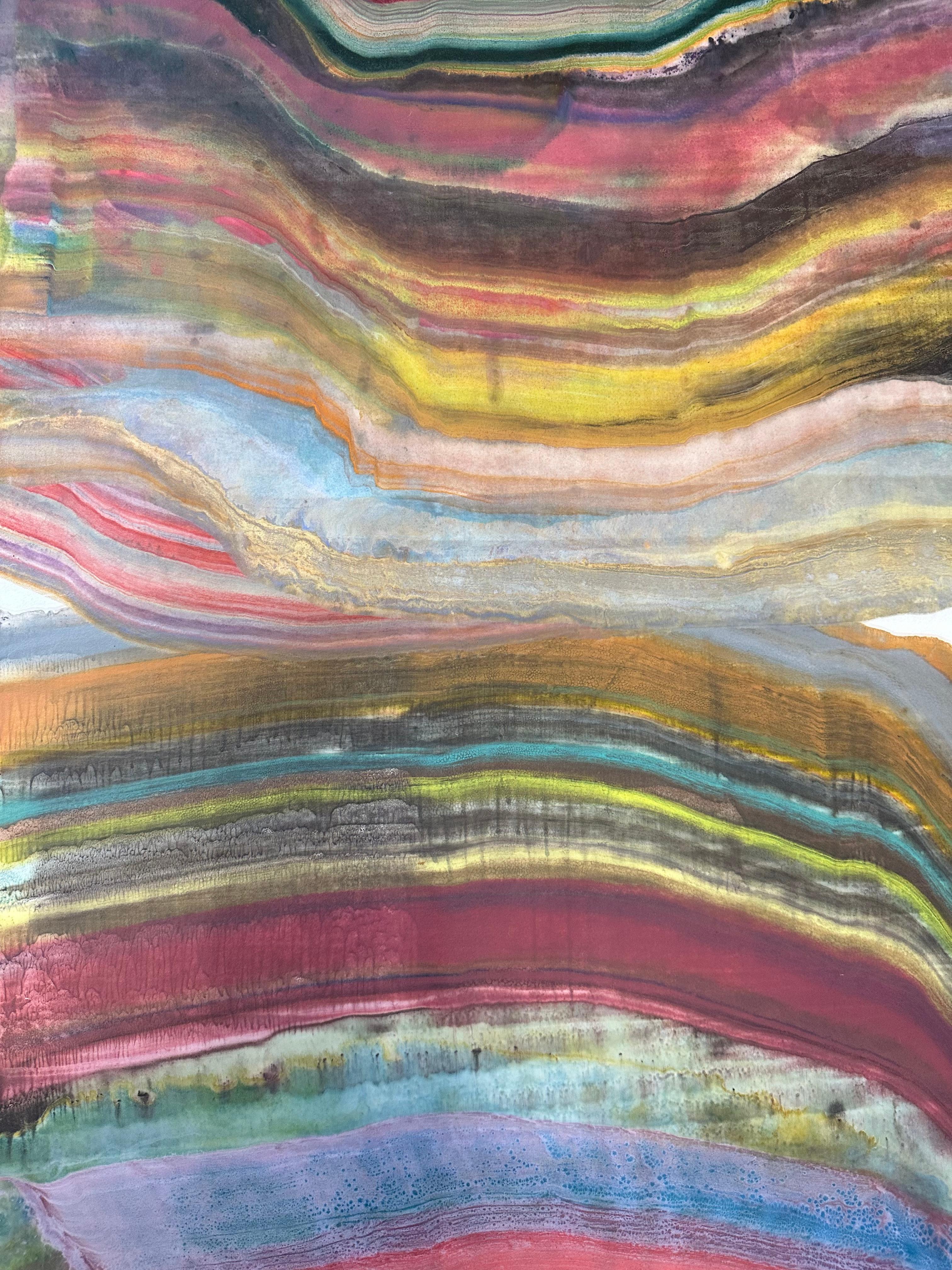 Layers of pigmented beeswax on lightweight paper create an undulating composition suggesting layers of the earth's crust and geological formations depicted in brown, orange, olive green and bright, vibrant shades of mulberry and yellow.

Laura