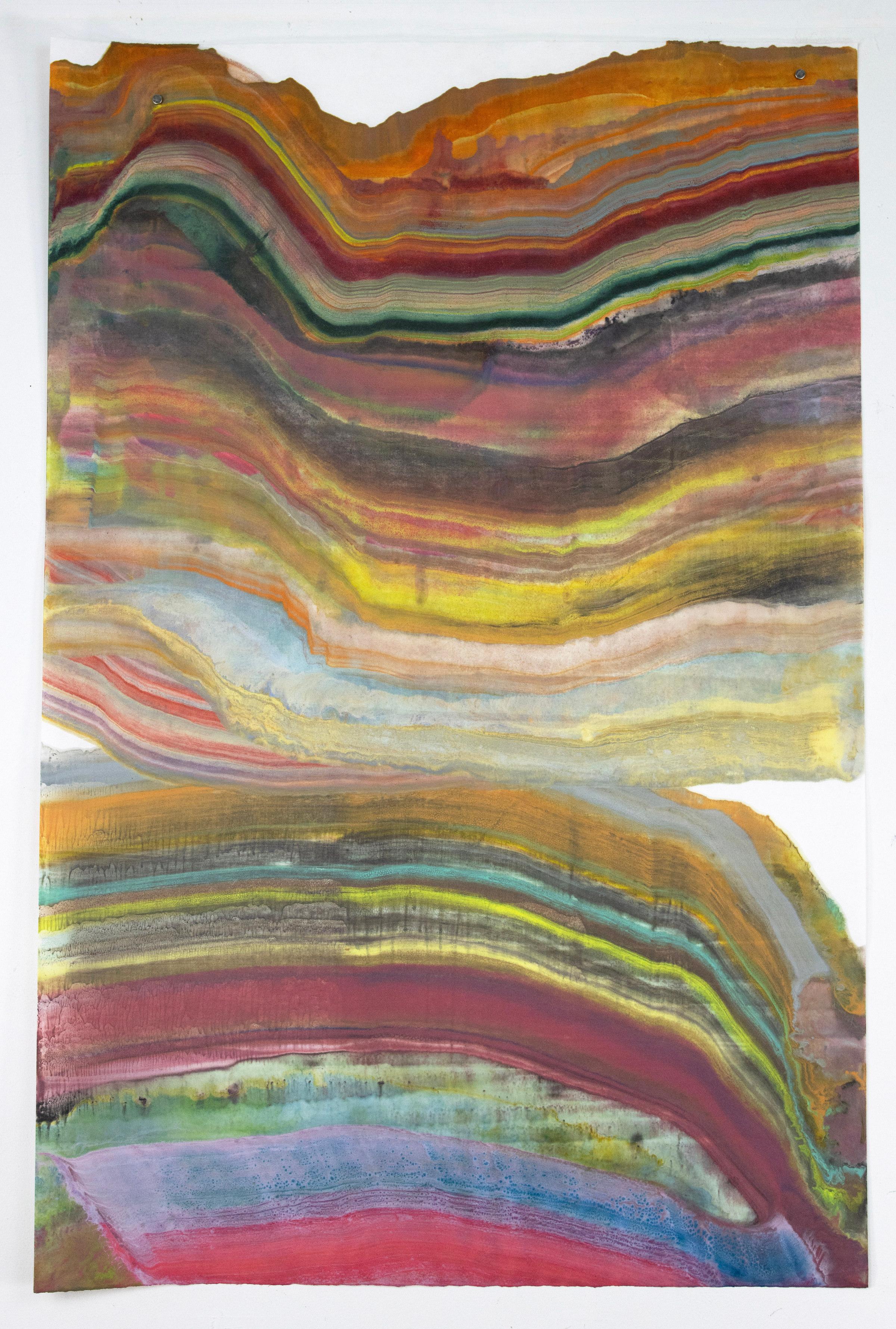 Laura Moriarty Abstract Print - Rivers of Thought, Mulberry, Magenta, Olive Green, Yellow, Sky Blue, Gray