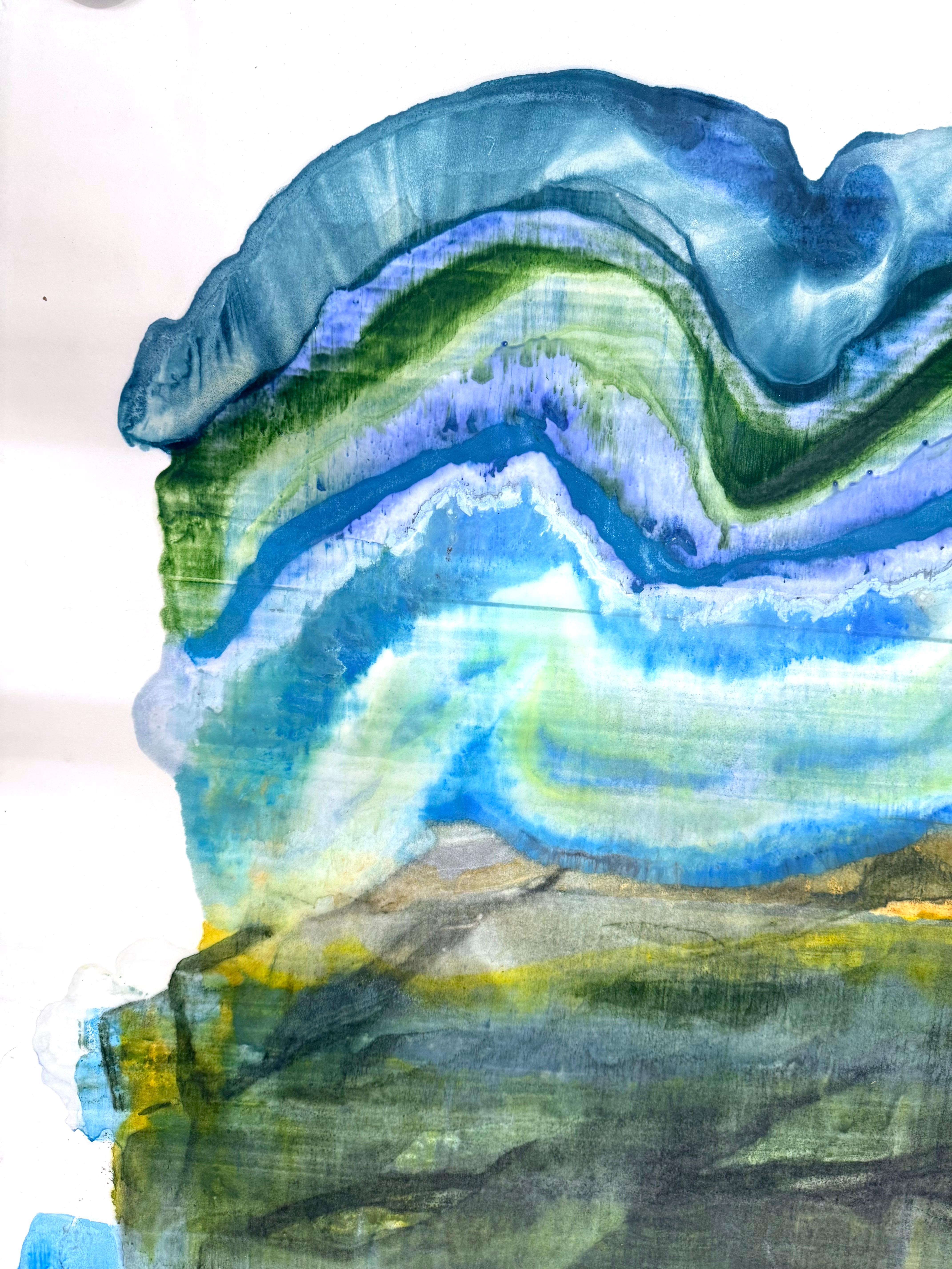 Stormy - Abstrakte Geologie Enkaustik Monotypie Blau Grün, 2024 (Zeitgenössisch), Print, von Laura Moriarty