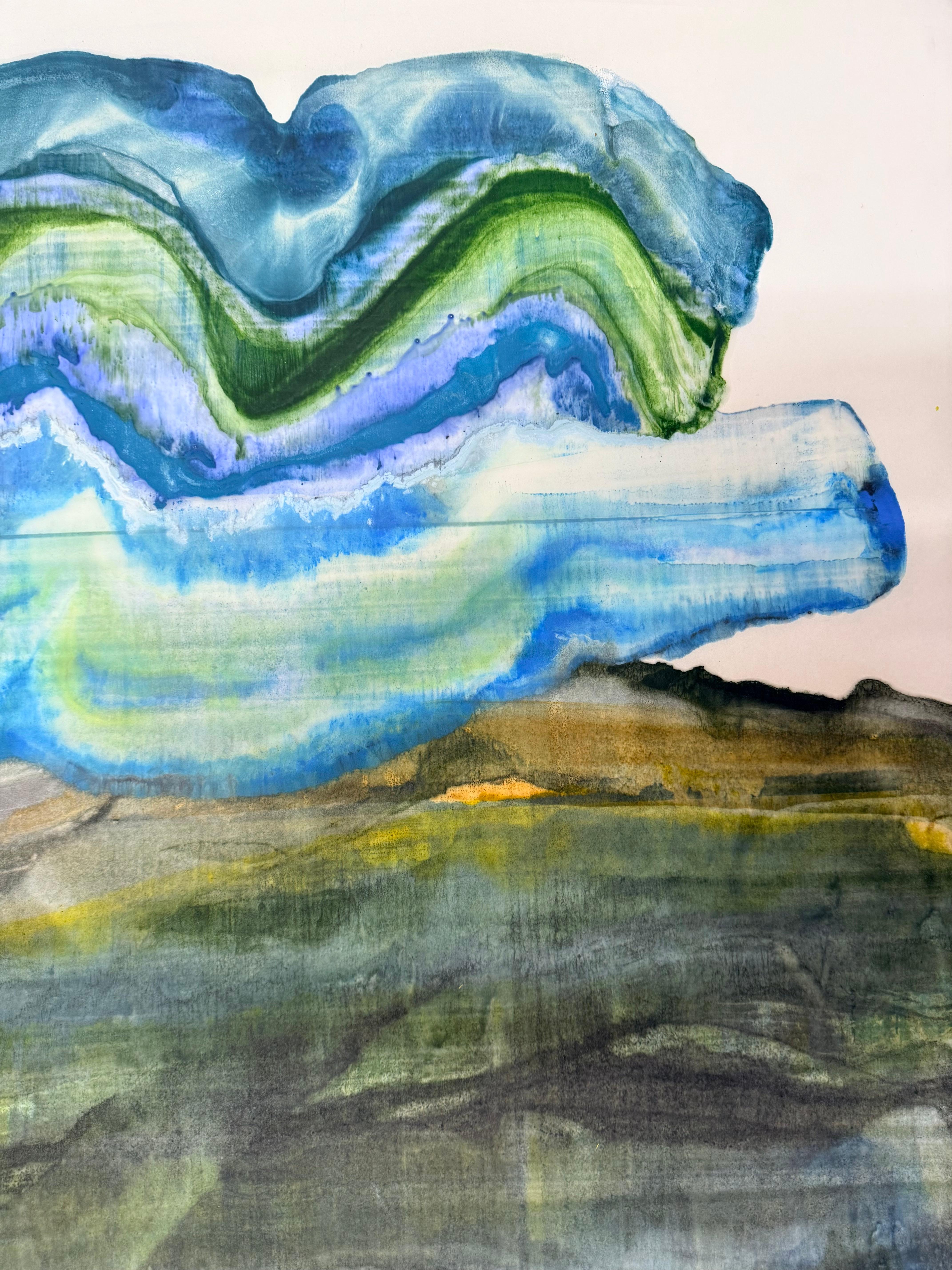 Stormy - Abstrakte Geologie Enkaustik Monotypie Blau Grün, 2024 (Grau), Abstract Print, von Laura Moriarty