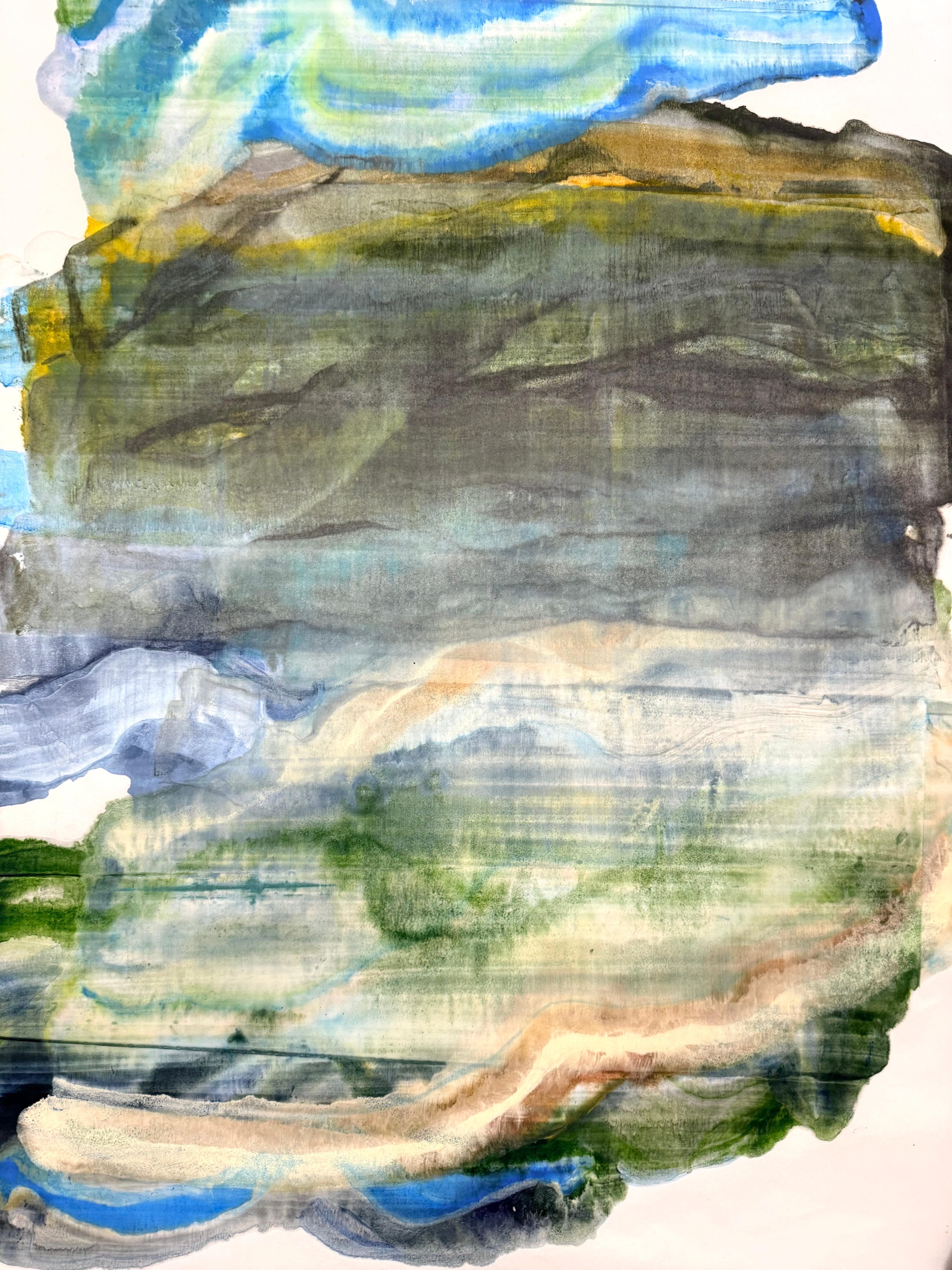 Stormy - Abstrakte Geologie Enkaustik Monotypie Blau Grün, 2024 im Angebot 2