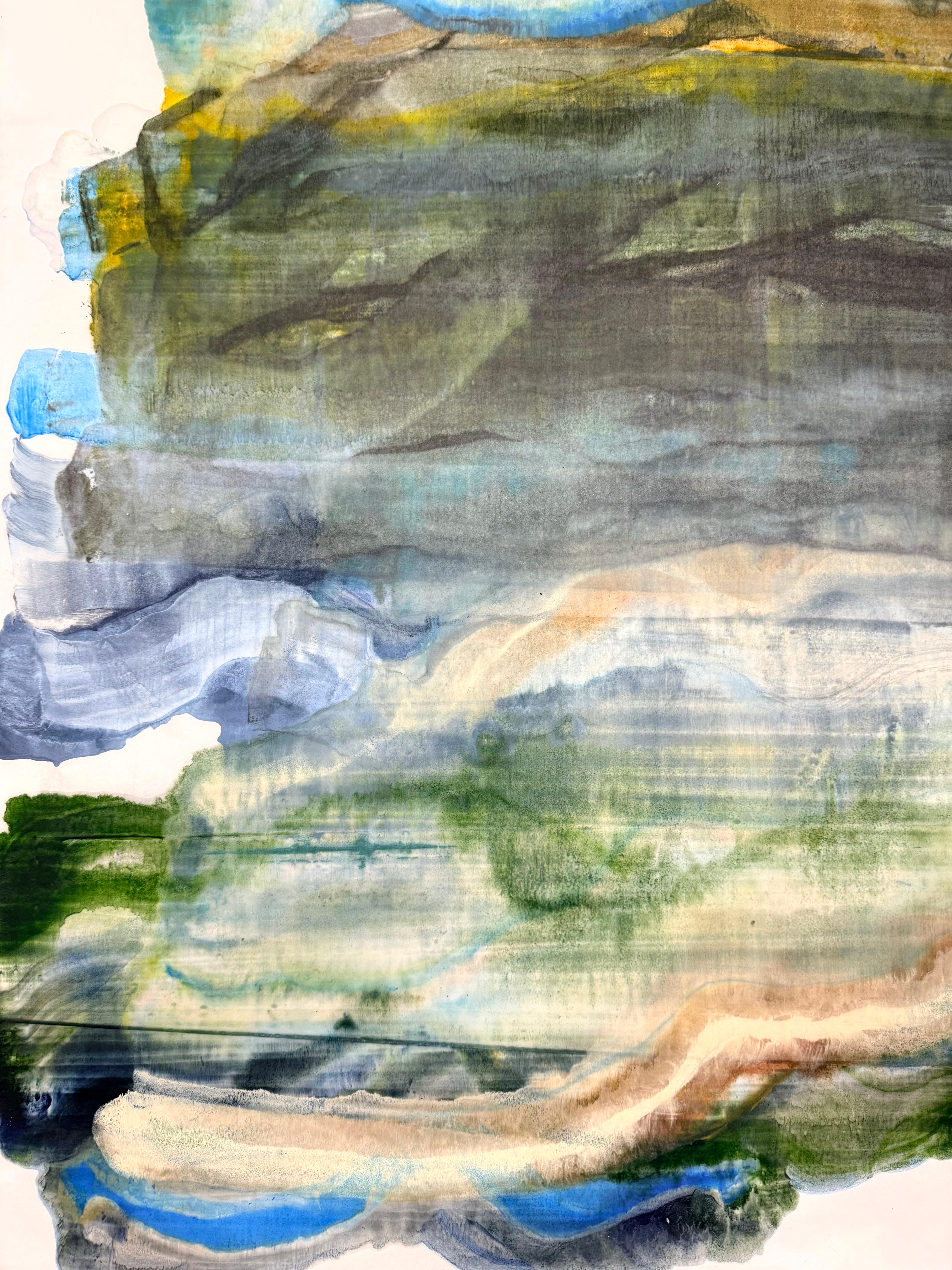 Stormy - Abstrakte Geologie Enkaustik Monotypie Blau Grün, 2024 im Angebot 3