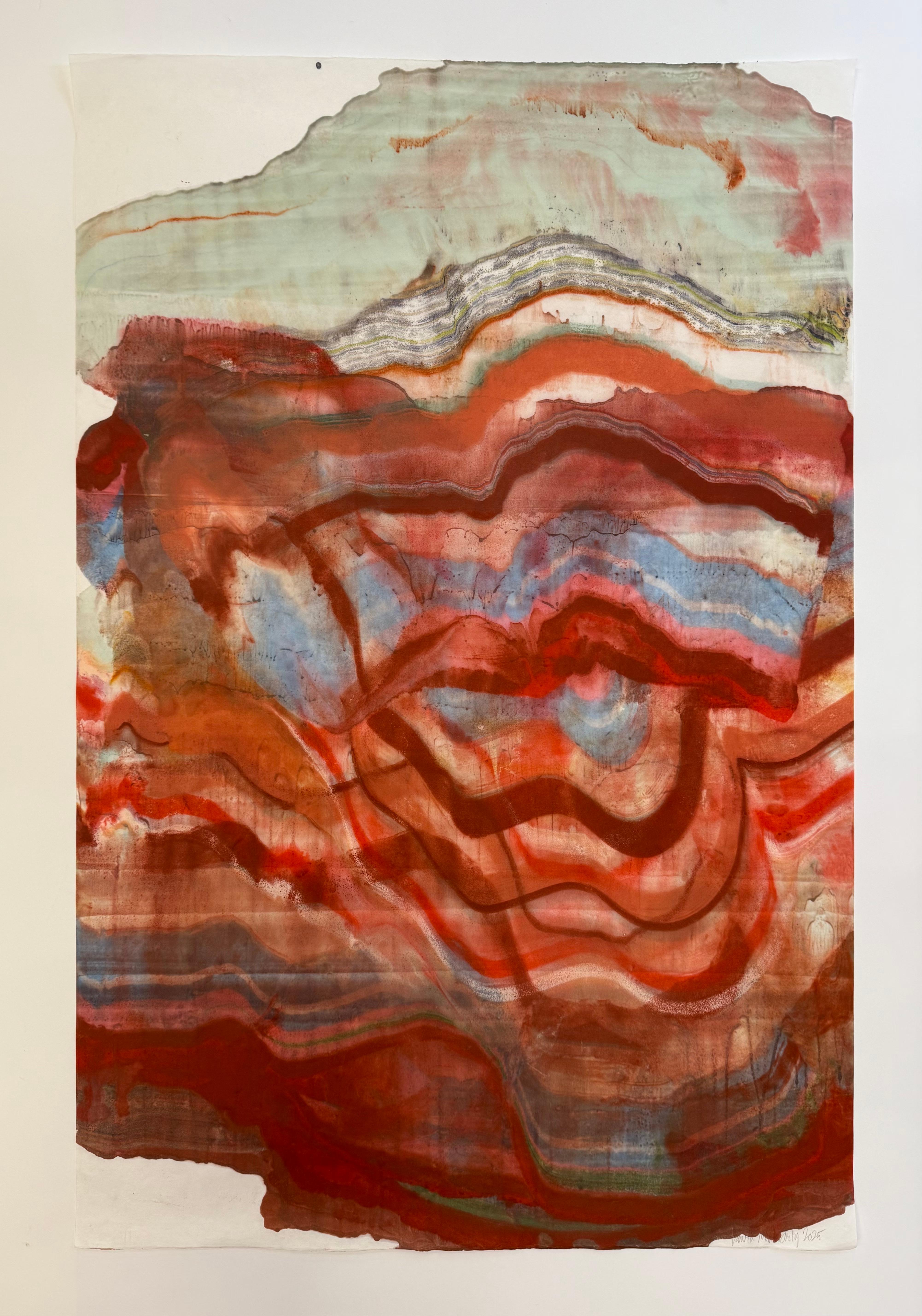 Stubborn Truth - Zeitgenössische abstrakte Geologie Enkaustik-Monotypie Rot, 2025 – Print von Laura Moriarty