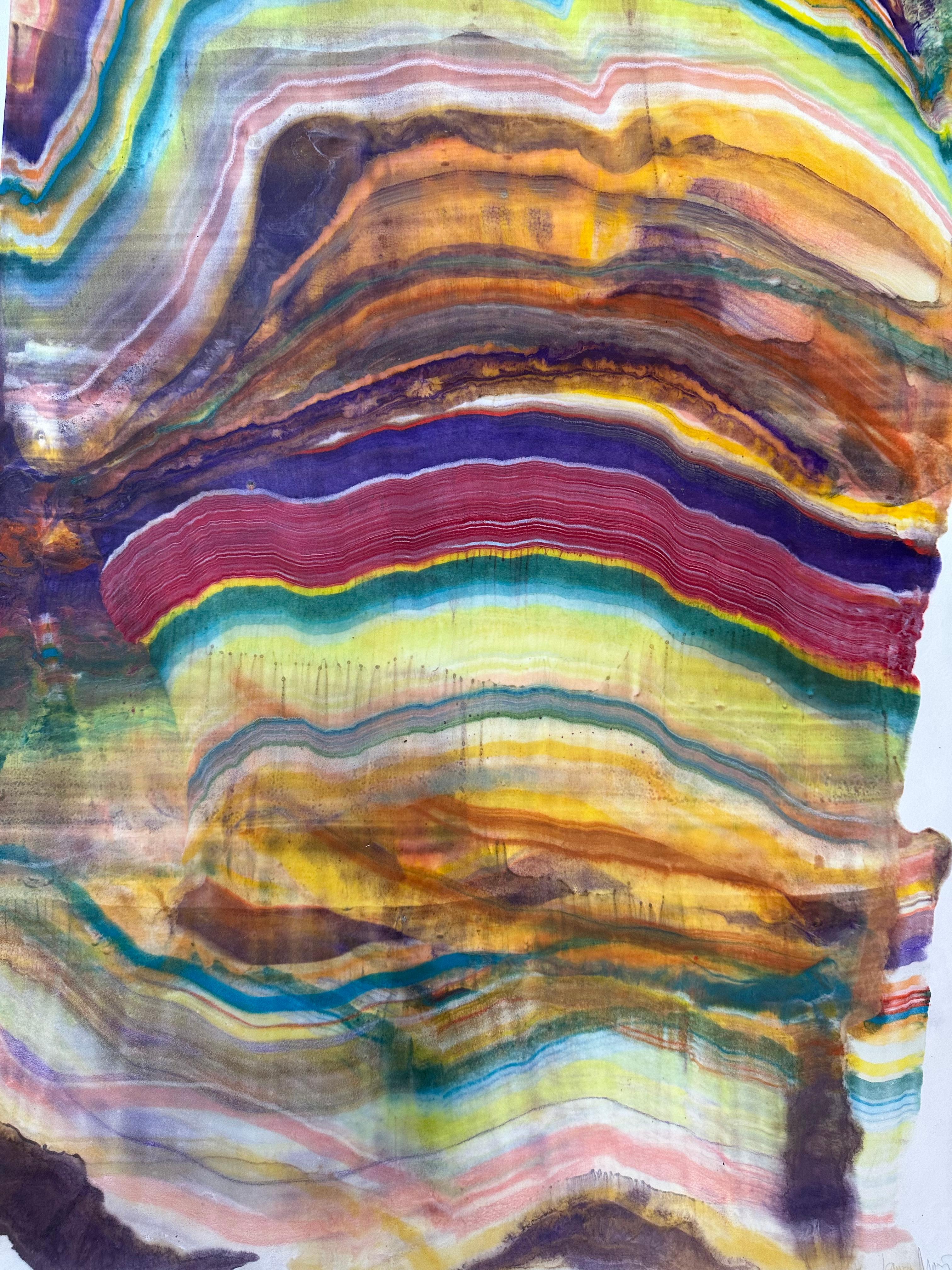 Talking to Rocks One, Lemon Yellow, Violet, Orange, Abstract Encaustic Monotype - Contemporary Print by Laura Moriarty