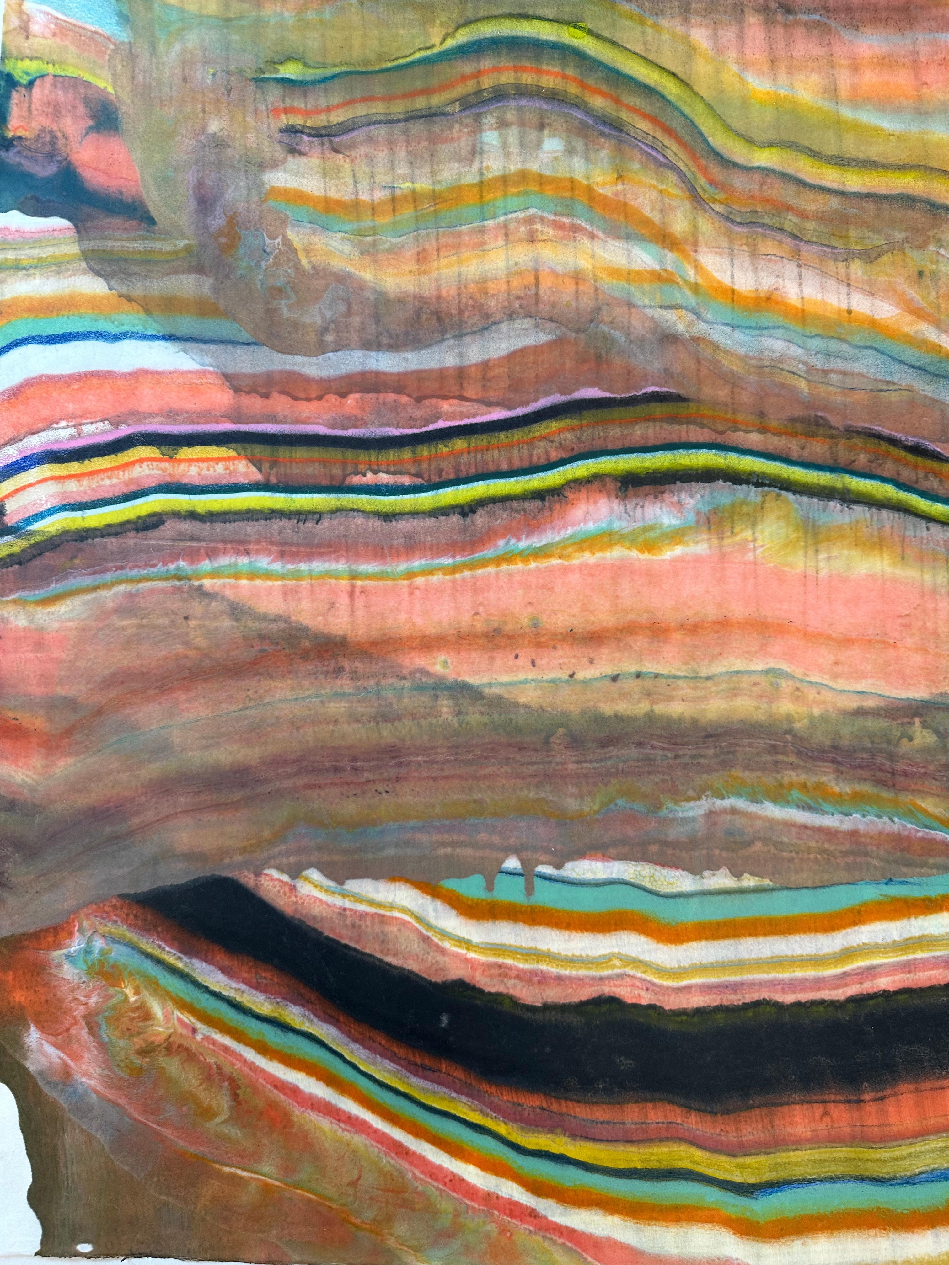 Laura Moriarty's Talking to Rocks 10 is a multicolored encaustic monotype on kozo paper. Layers of pigmented beeswax on lightweight paper create an undulating composition suggesting layers of the earth's crust and geological formations depicted in