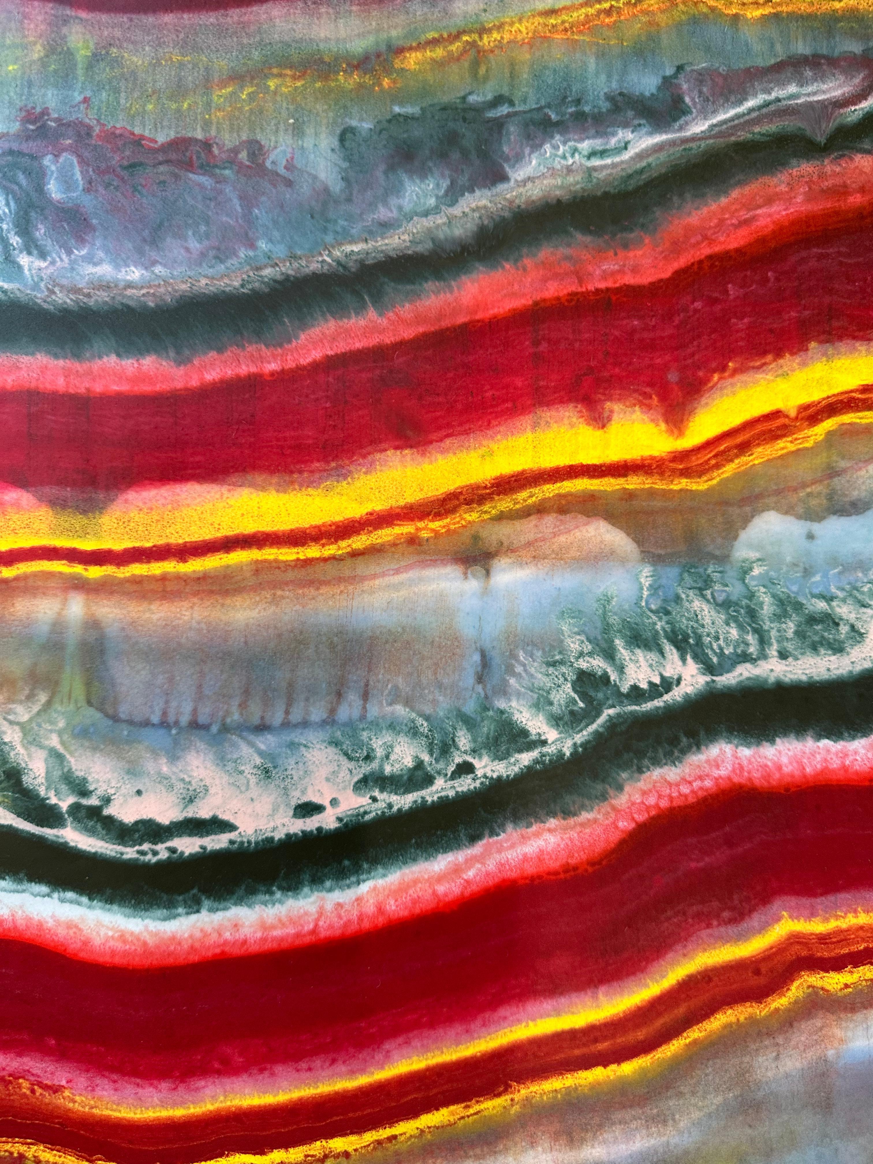 Talking to Rocks 19, Magenta Red, Sky Blue, Orange Abstract Encaustic Monotype - Print by Laura Moriarty