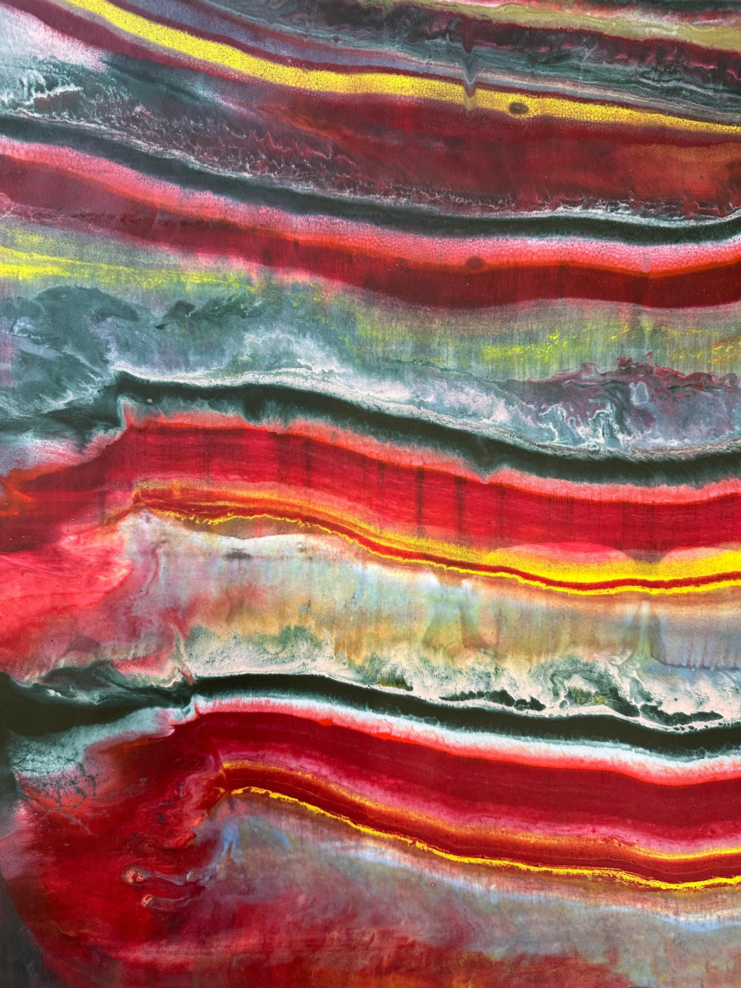 Talking to Rocks 19, Magenta Red, Sky Blue, Orange Abstract Encaustic Monotype - Contemporary Print by Laura Moriarty