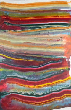 Talking to Rocks 19, Magenta Red, Sky Blue, Orange Abstract Encaustic Monotype