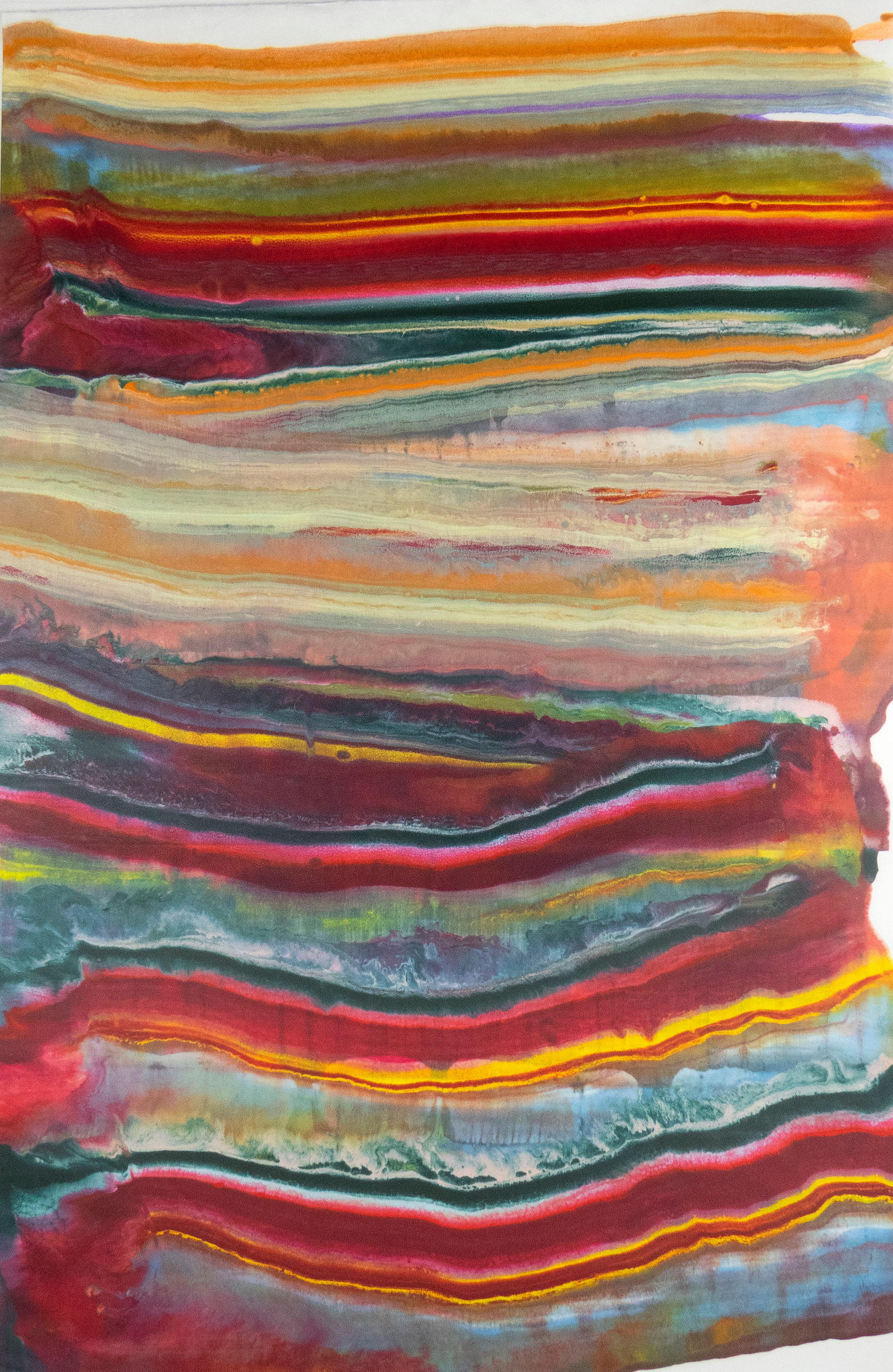Abstract Print Laura Moriarty - Talking to Rocks 19, monotype à l'encaustique abstrait rouge magenta, bleu ciel, orange
