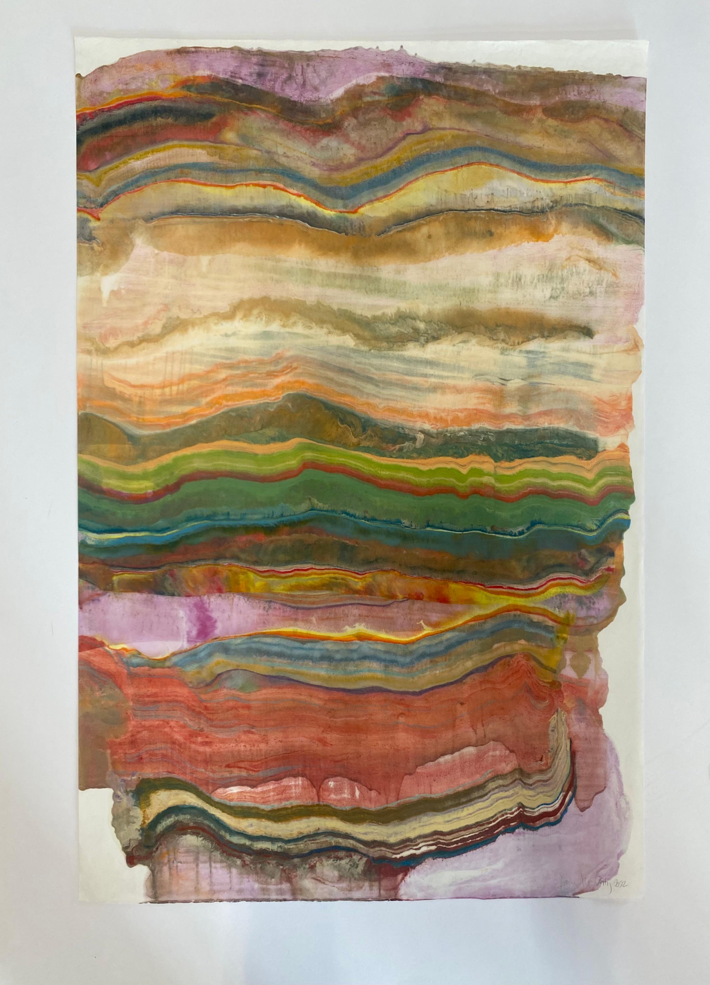 Talking to Rocks 22, Teal Green, Yellow Coral Orange Abstract Encaustic Monotype - Print by Laura Moriarty