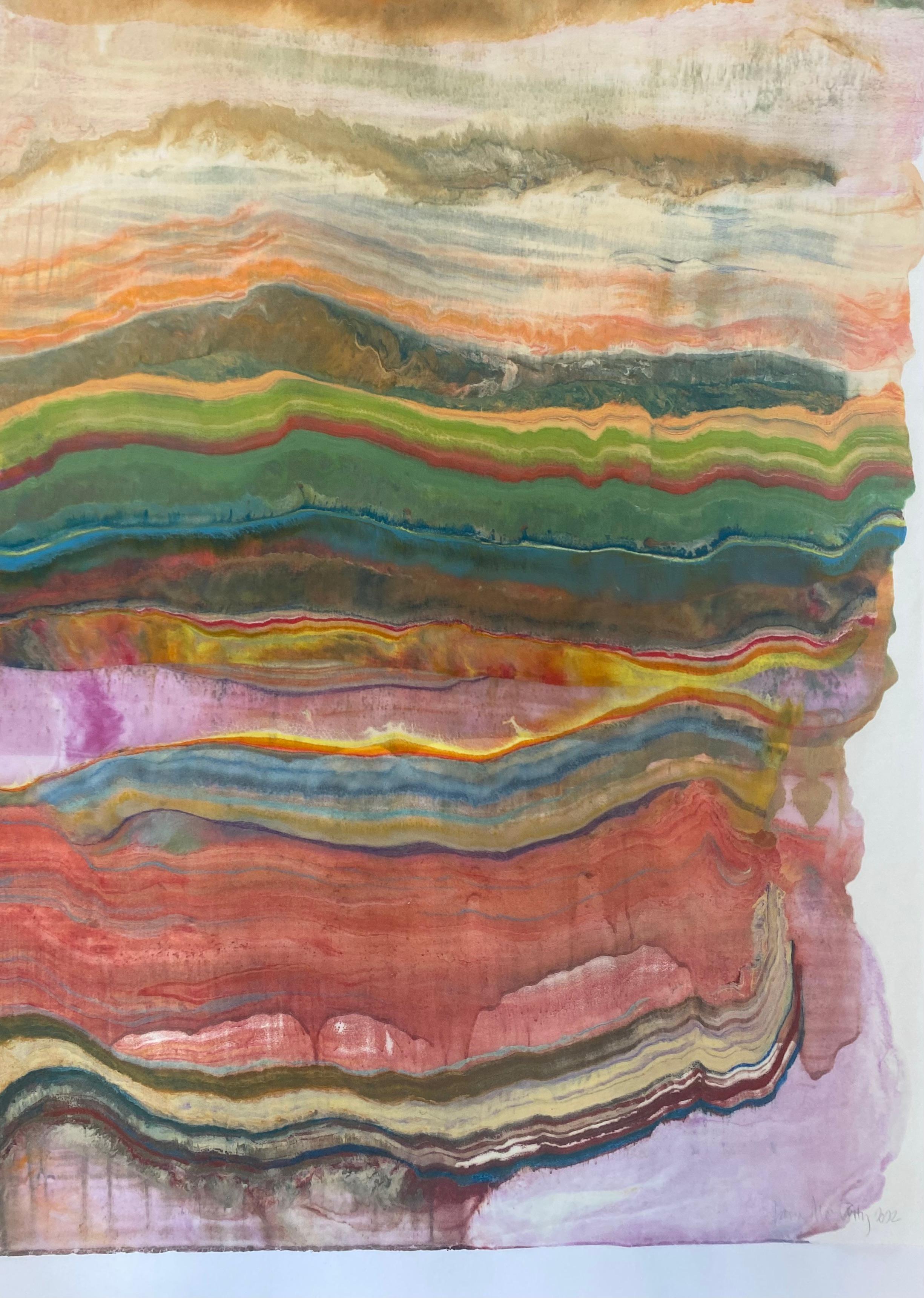 Laura Moriarty's Talking to Rocks 22 is a multicolored encaustic monotype on paper. Layers of pigmented beeswax on lightweight paper create an undulating composition suggesting layers of the earth's crust and geological formations depicted in light