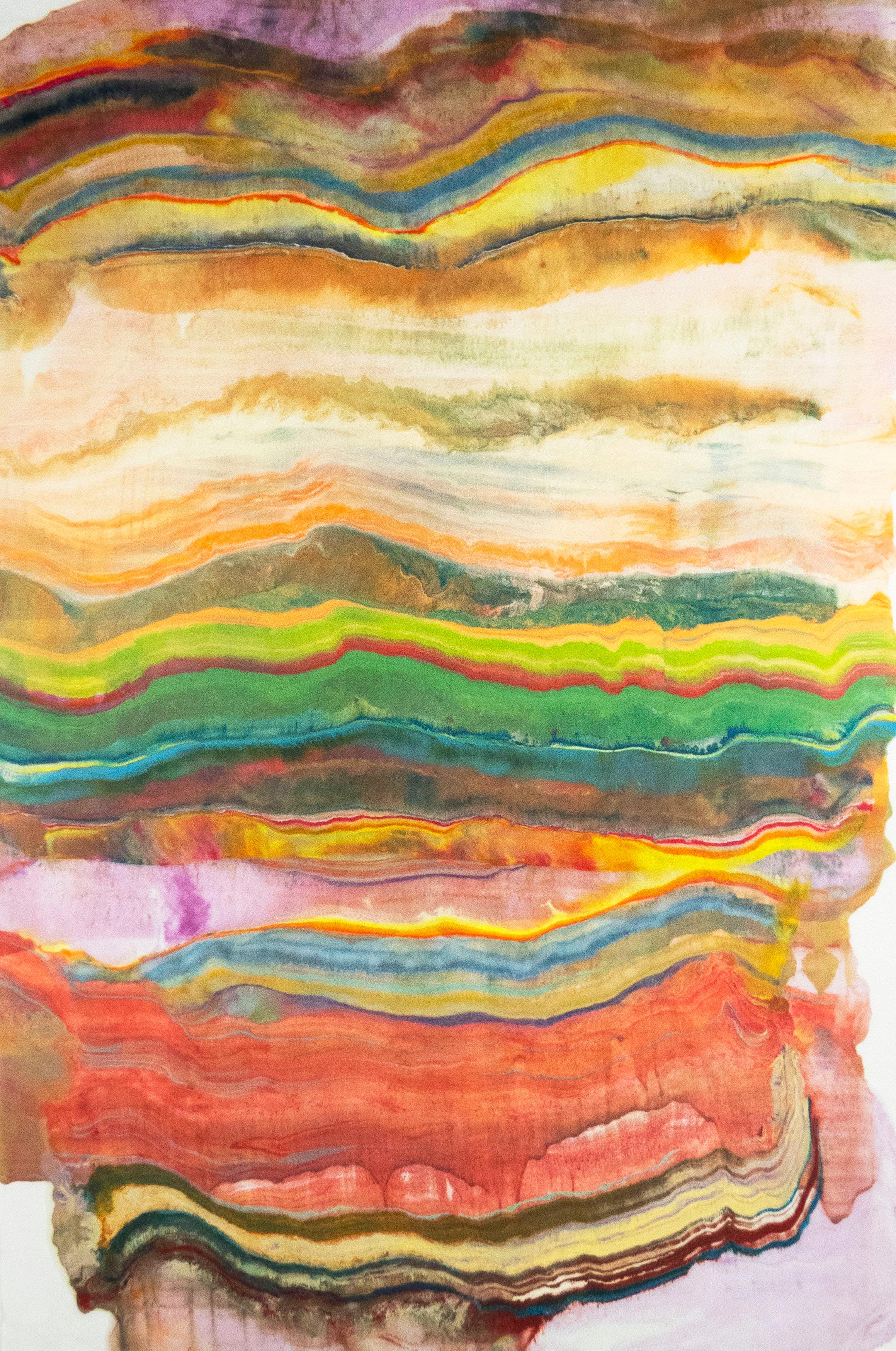 Laura Moriarty Abstract Print - Talking to Rocks 22, Teal Green, Yellow Coral Orange Abstract Encaustic Monotype